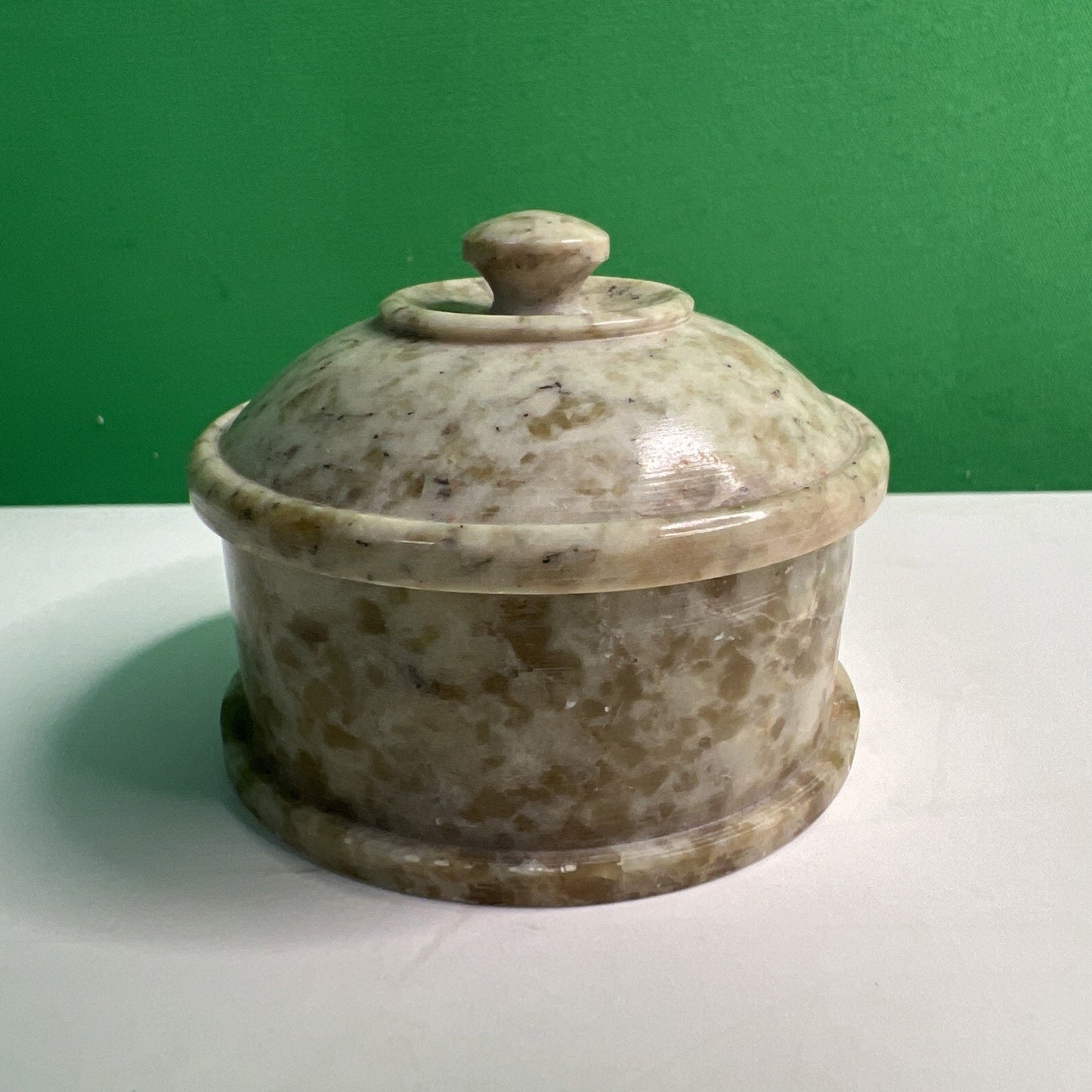 Carved Soapstone Small Inlaid Round Box Trinket Vanity Natural Stone Lid