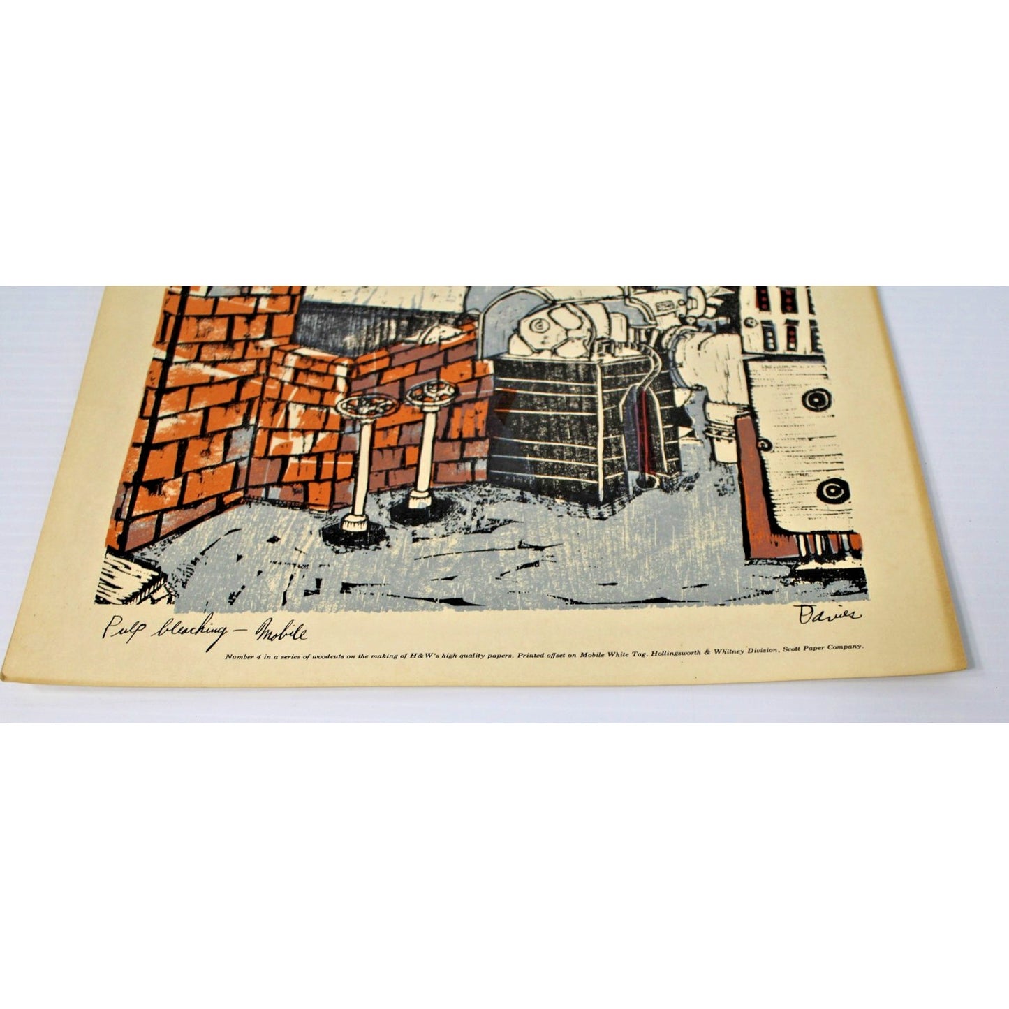 Vintage Woodcut by Ted Davies- Scott Paper Co. Mobile, AL Pulp Bleaching 14"x11"