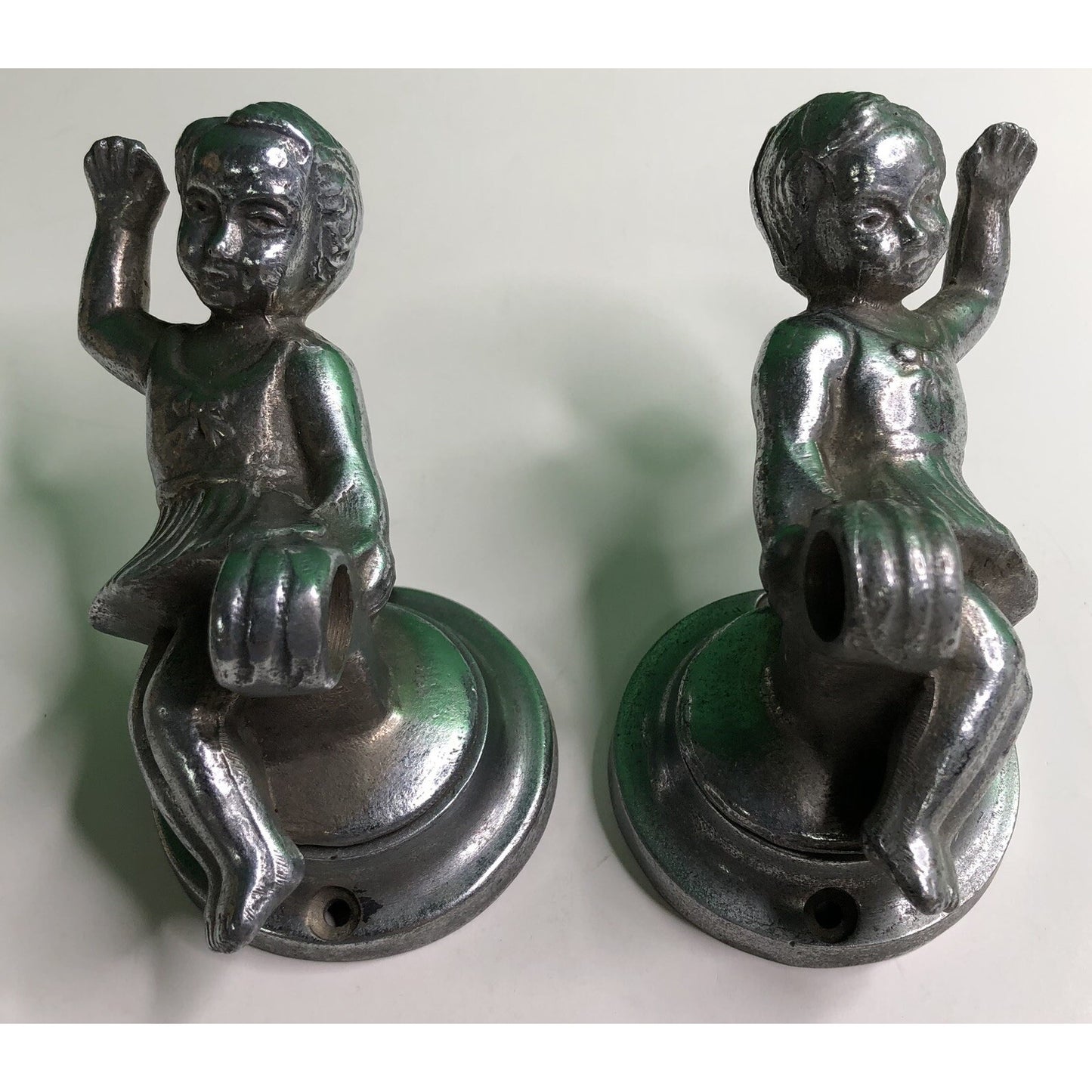 PAIR of Antique Cast Aluminum GIRLS Wall Mount TOWEL ROD HOLDER Kitchen Bath