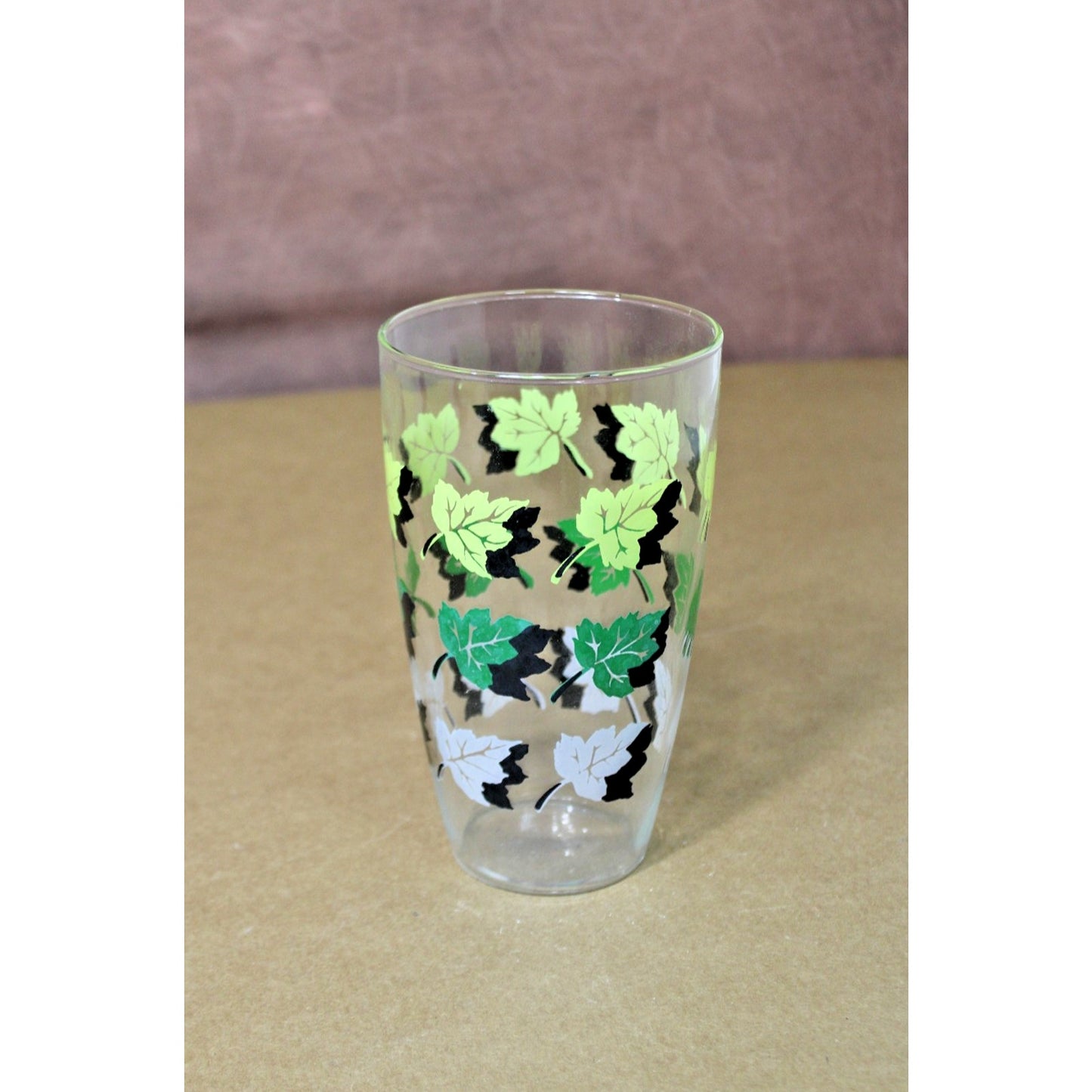 Vintage Libbey Green Leaves Pattern 7-inch Glass Shaker/ Vase 1950s-60s MCM