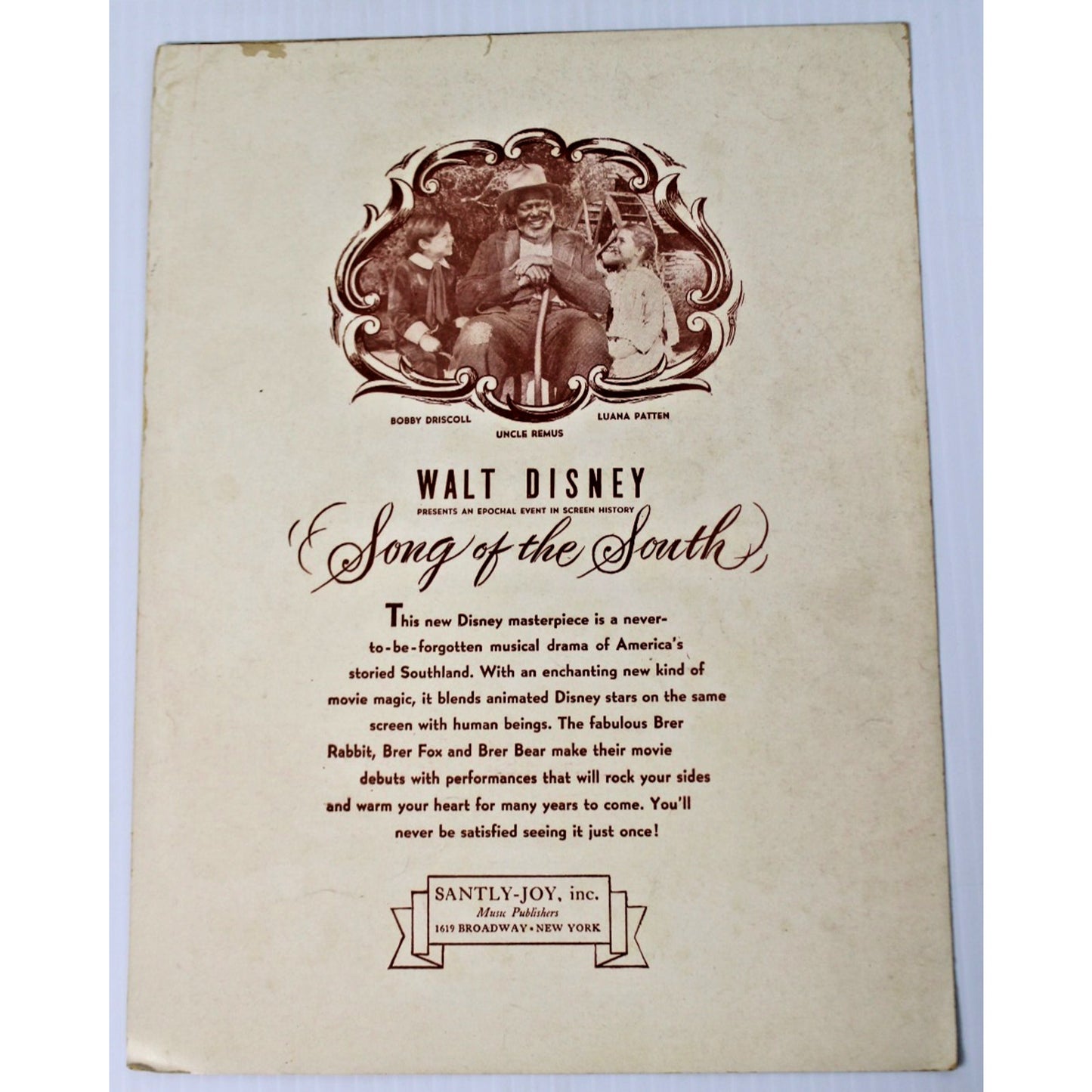Rare 1946 Disney's Song of the South Sheet Music- Ev'rybody Has A Laughing Place