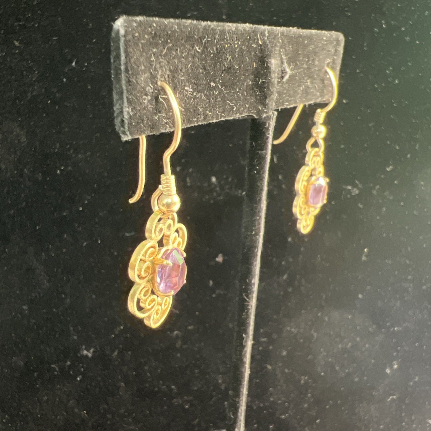 Vintage Artisan Gold Tone Purple Stone Hook Dangle Earrings French Wire