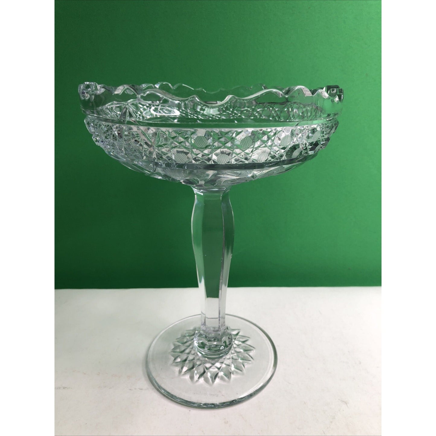 Beautiful Cut Glass Pedestal Compote Etched Flowers 8” Scalloped Edge