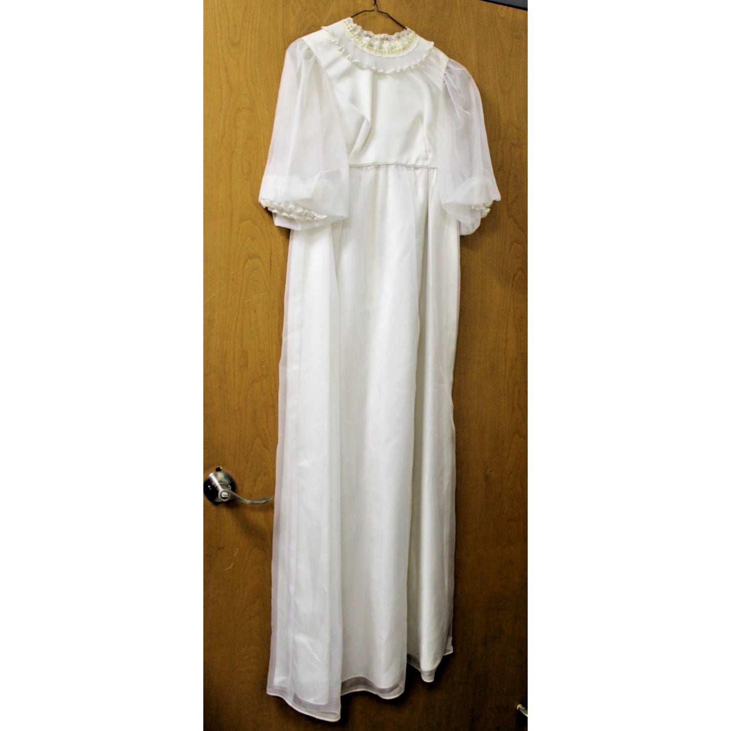 Vtg 70s Emma Domb White Organza Wedding Dress Sheer Balloon Sleeve Back Bow Sz 7