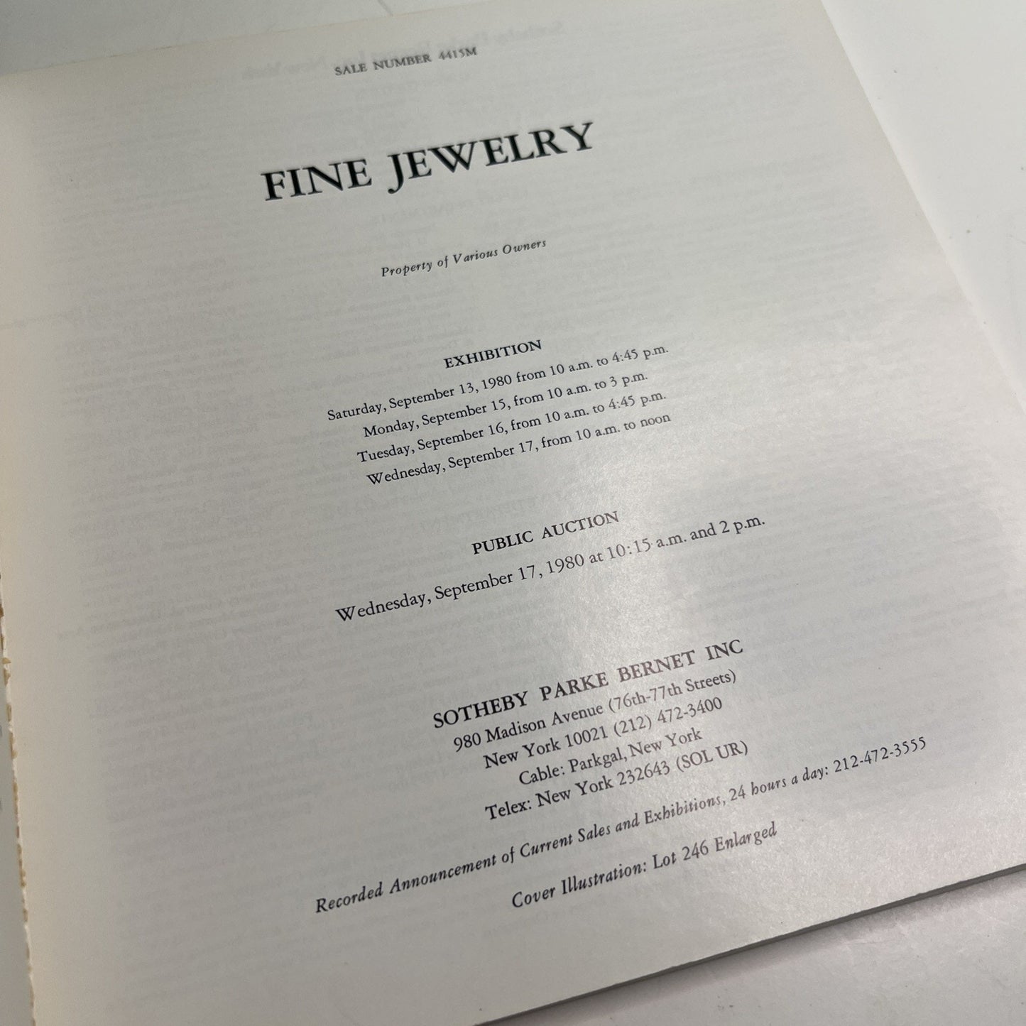 Sotheby’s New York Auction Catalog September 17, 1980 Fine Jewelry