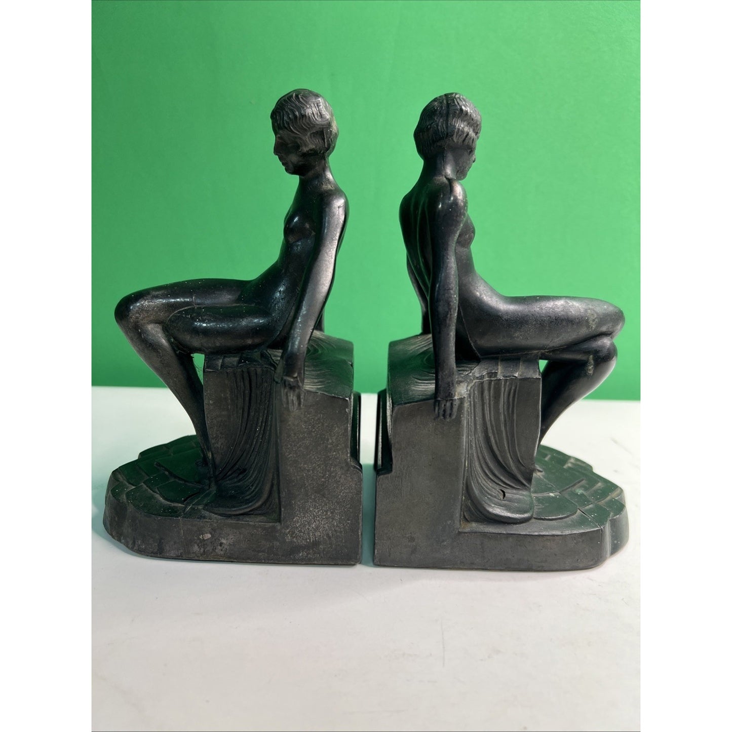 Art Deco 1930's Pair of Nude Flapper Girls Spelter Metal Bookends