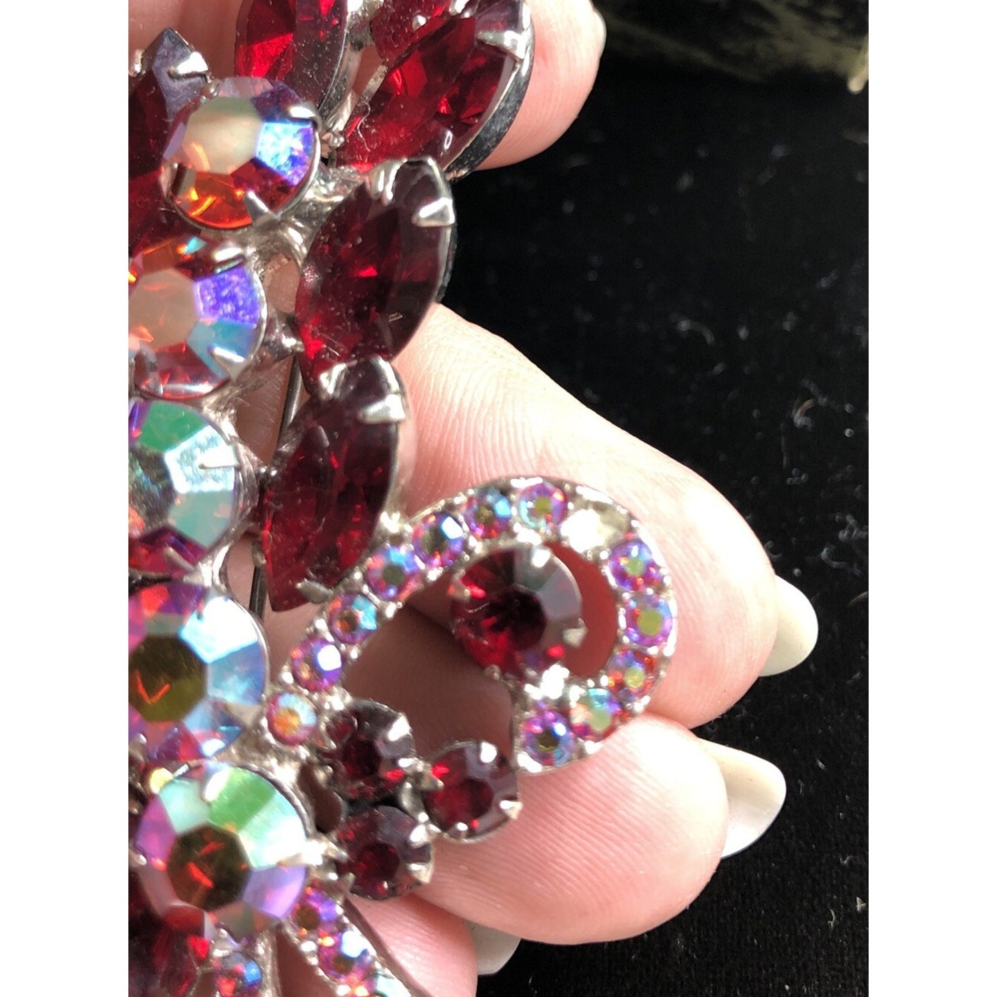 Vintage Rhinestone Brooch & Clip On Earring Set Red