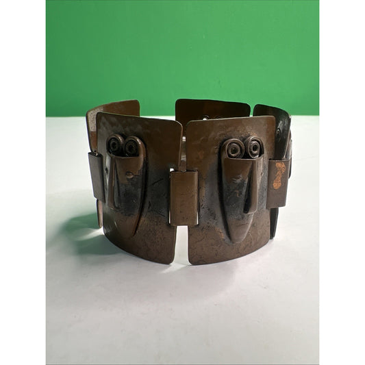 Rebajes Signed Vintage Tribal Masks Copper Bracelet 1950s Brazilian