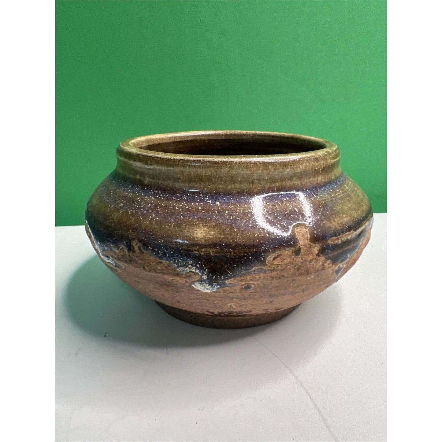 Studio Art Pottery Ceramic Blue Purple Brown Hues Drip Glazed Vintage Pot Bowl