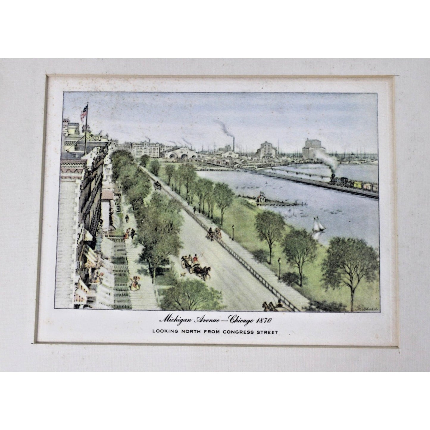 Michigan Ave- Chicago, 1870 Framed Hand-tinted Etching- Richards- Pre-Great Fire