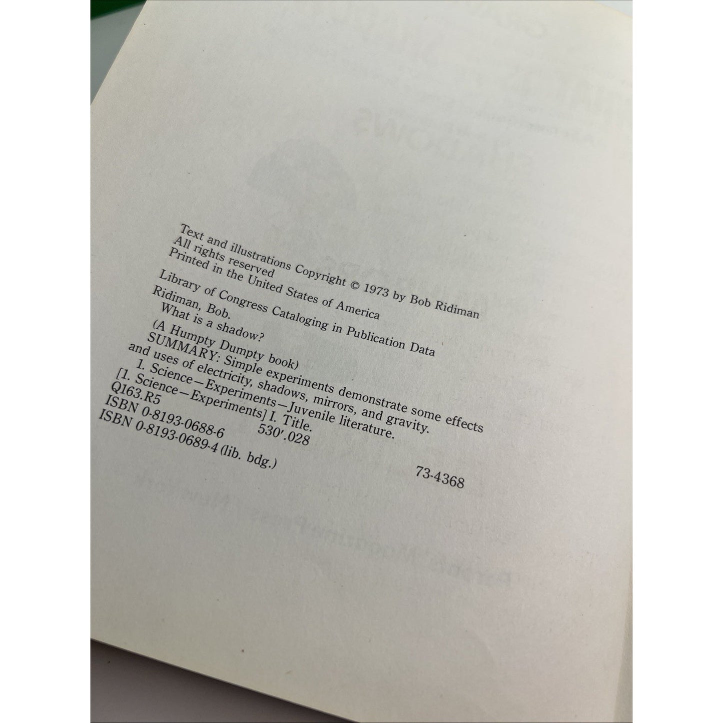 What Is A Shadow? A Second Book Of Simple Science Fun By Bob Ridiman 1973