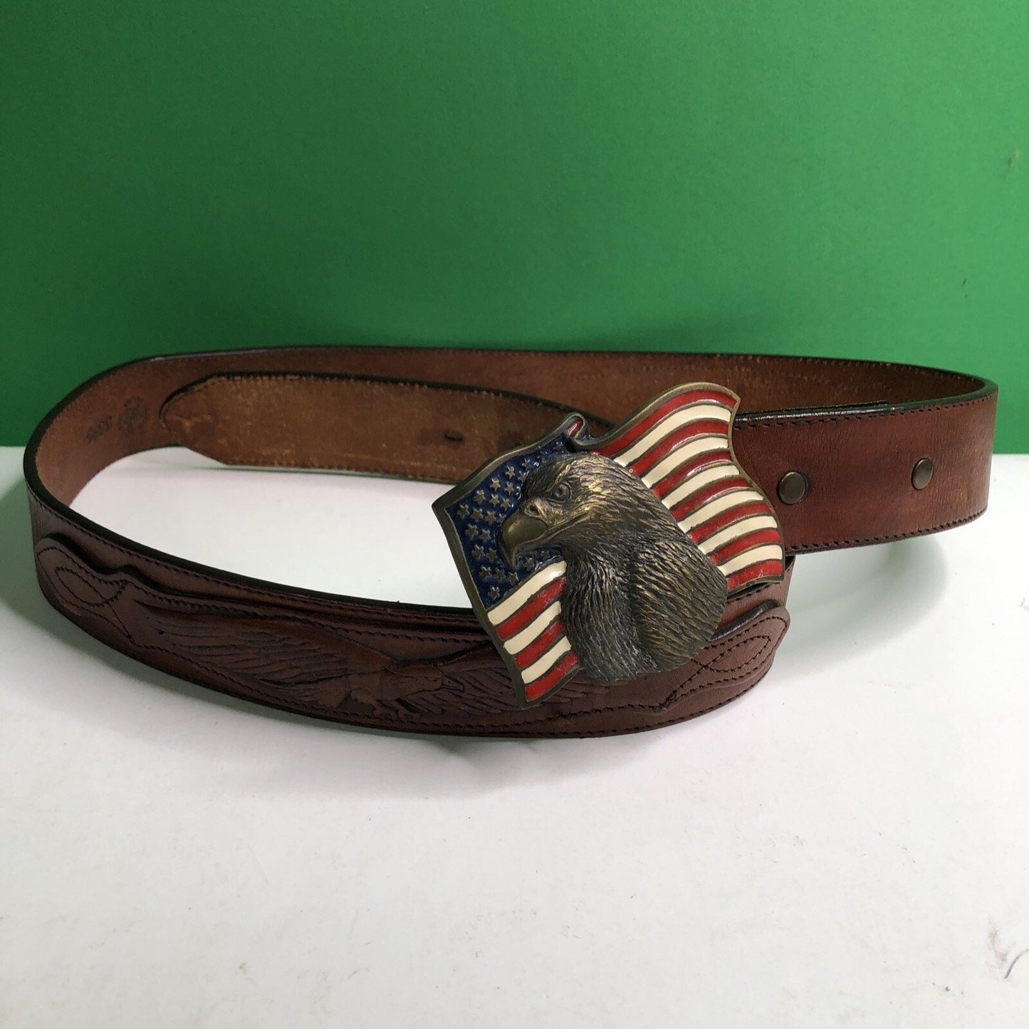 Vintage Original Brass & Enamel American Flag & Eagle Buckle w/ Leather Belt 36”