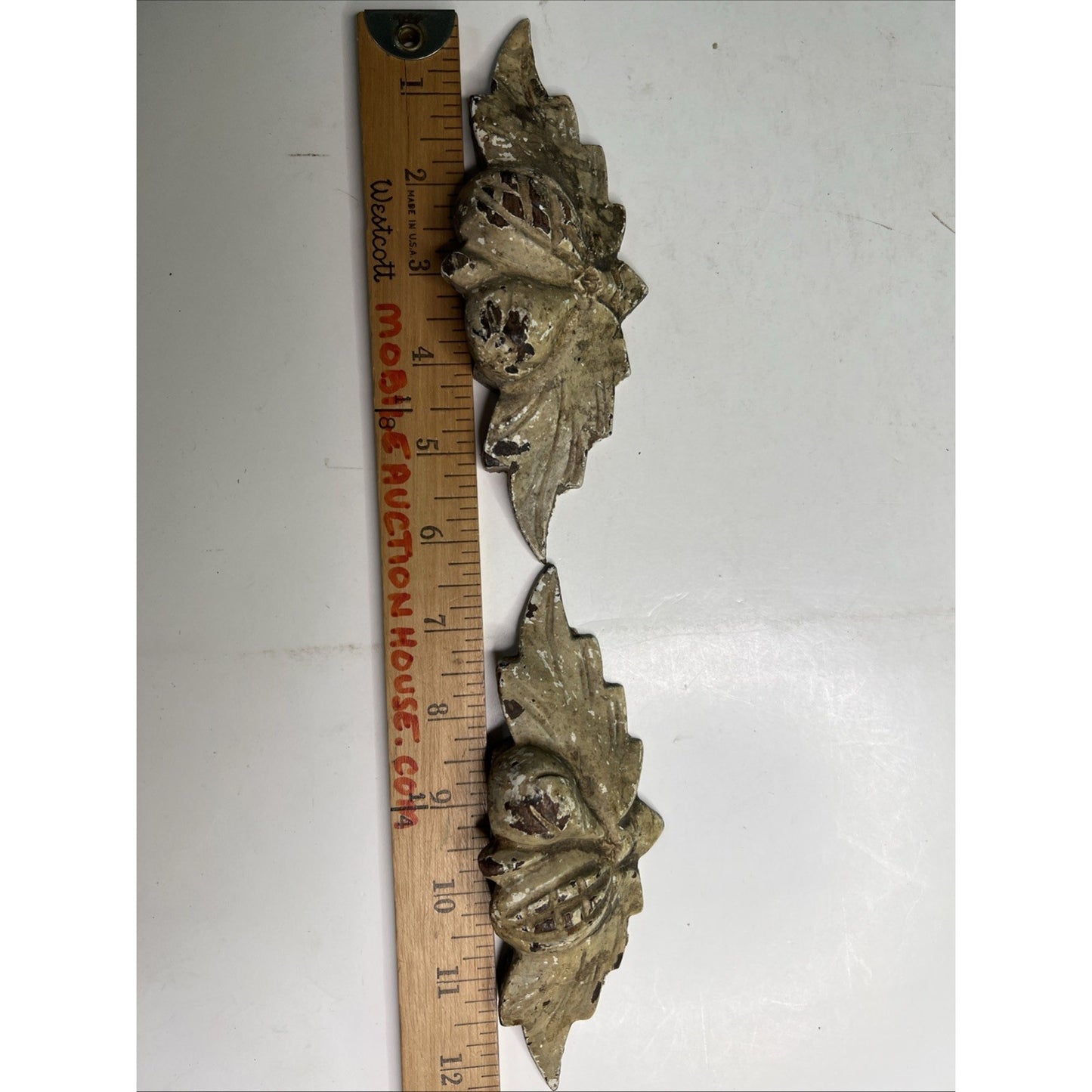 Lot Of 2 Antique Victorian Wood Carved Leaf And Fruit Drawer Pulls