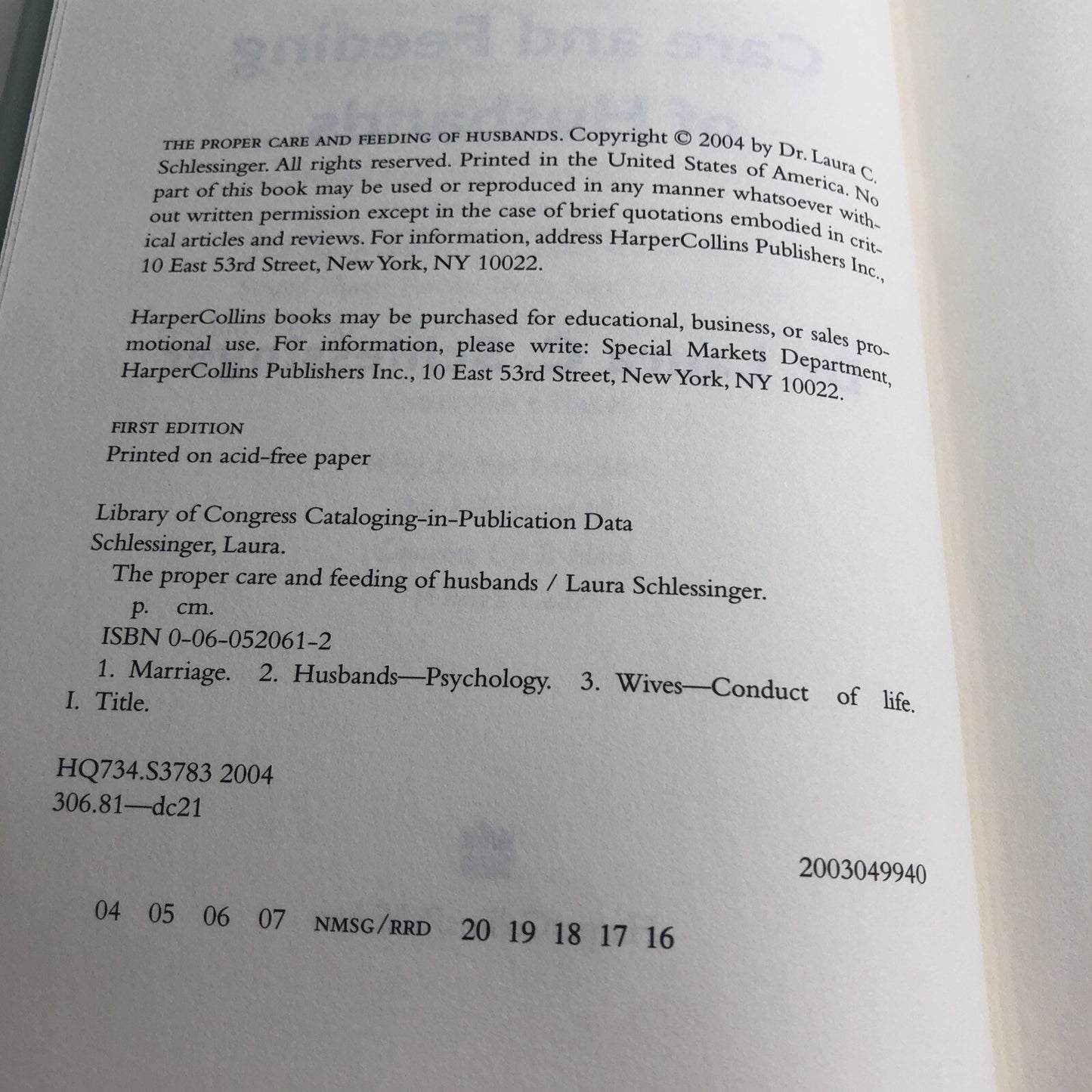 The Proper Care and Feeding of Husbands by Dr. Schlessinger, Laura HC DJ 2004