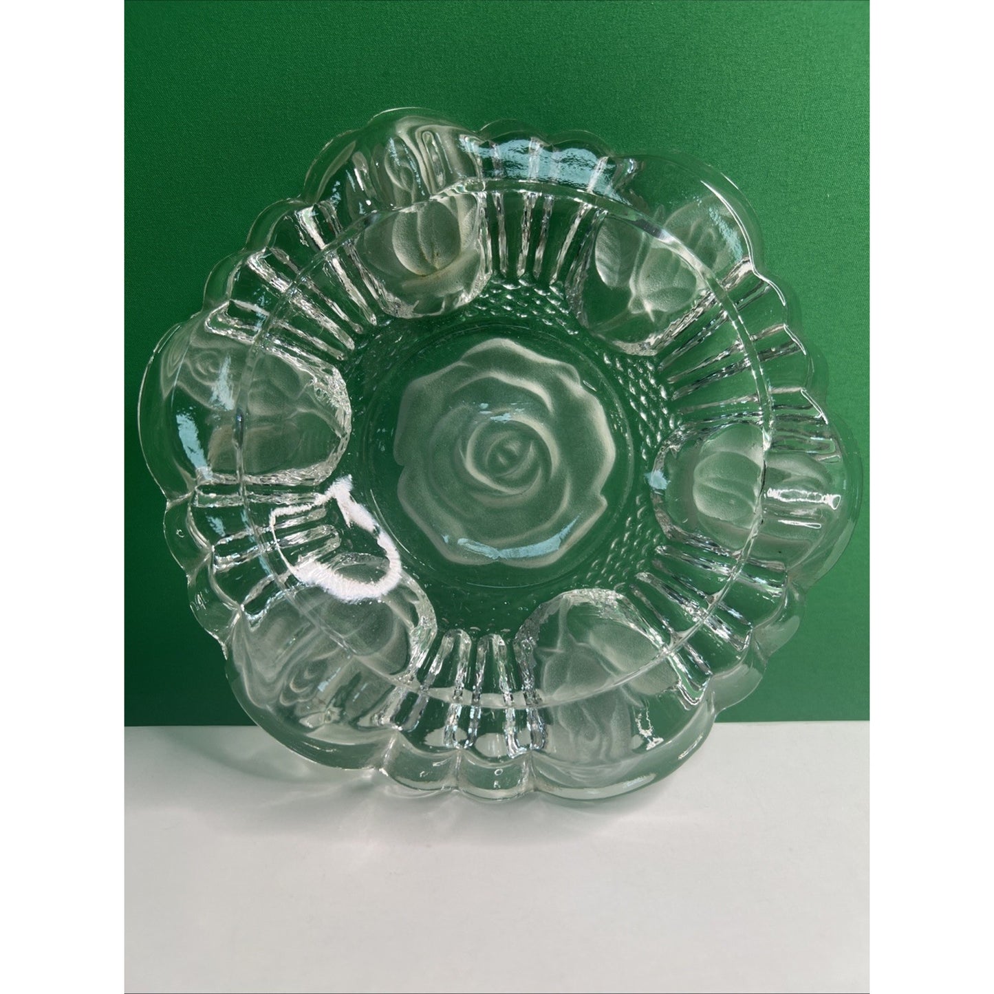 Vintage 1950s 8" Clear Rose Flower Impression Ashtray Pressed Heavy Glass Edges