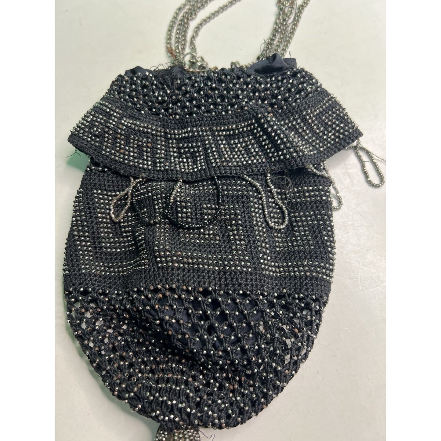 Antique Black & Silver Steel Bead Fringe Flapper Purse Greek Key NEEDS REPAIR