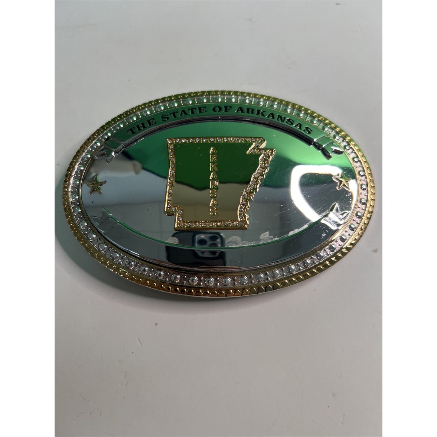 State of Arkansas Silver/Gold Tone Belt Buckle With Rhinestones Large 6” Wide