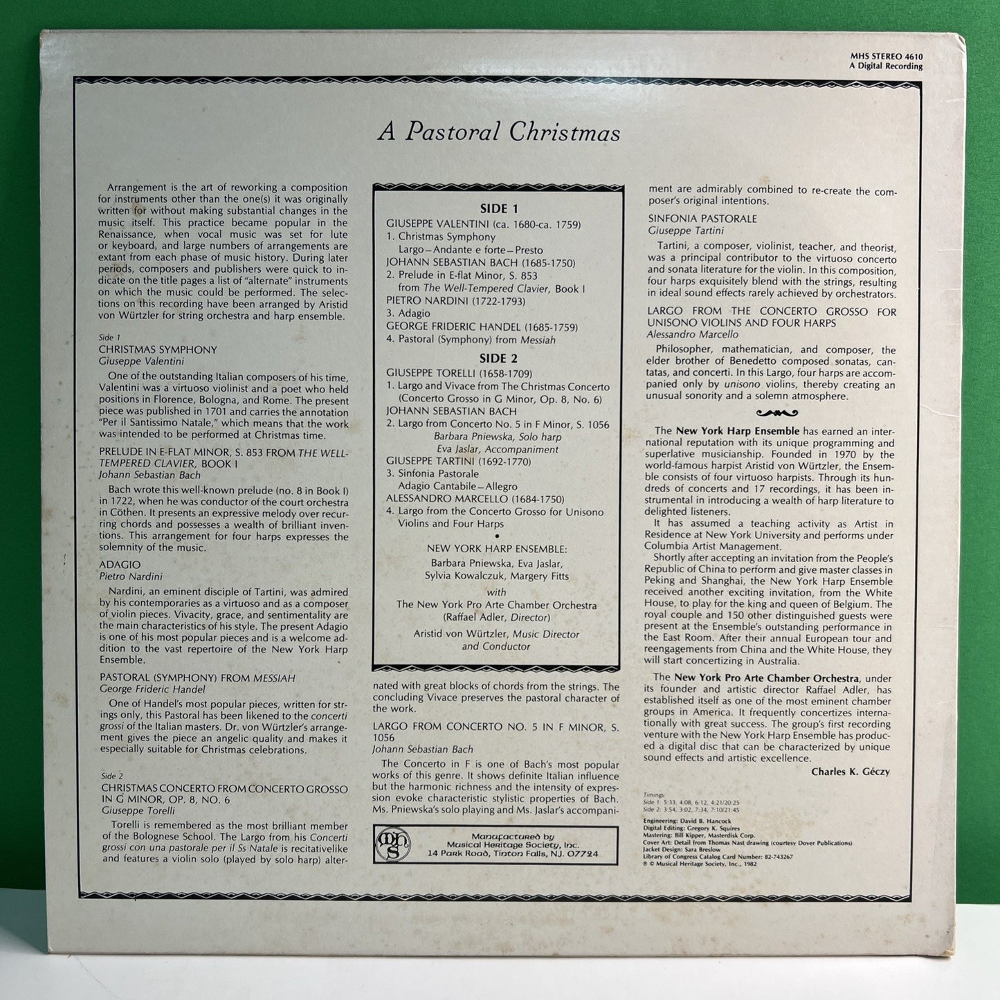 MHS 4610 A Pastoral Christmas New York Harp Ensemble 1982 LP Vinyl Record