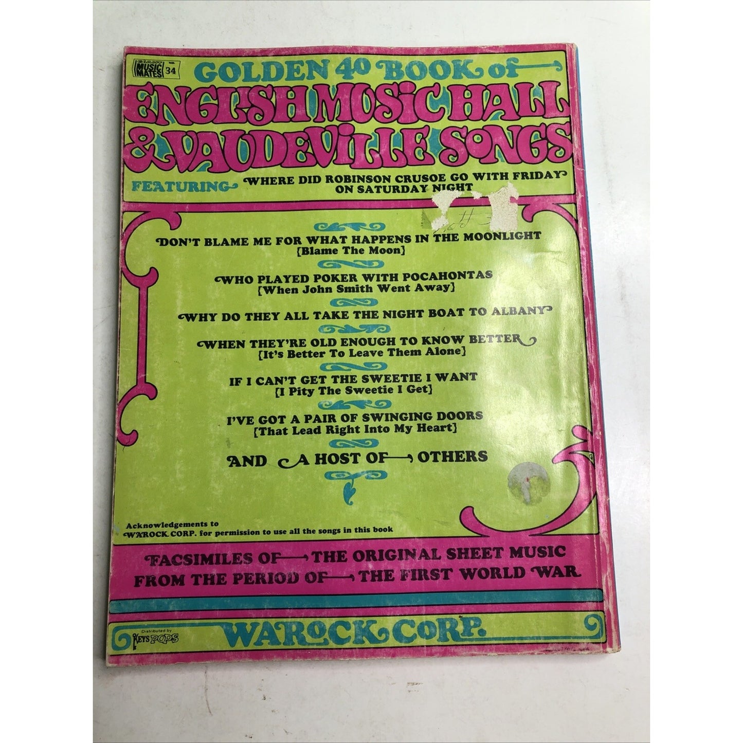 Music Book Golden 40 Book Of English Music Hall & Vaudeville Songs Vintage