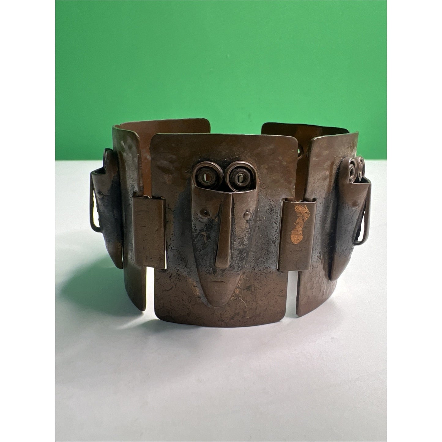 Rebajes Signed Vintage Tribal Masks Copper Bracelet 1950s Brazilian