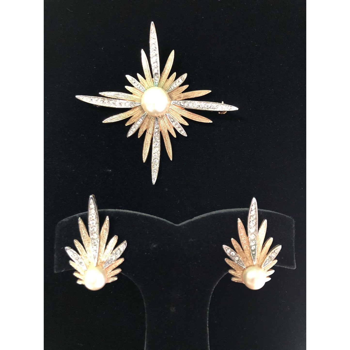 MCM Starburst Brooch Pin & Clip On Earrings Set Faux Pearl Rhinestone Stardust