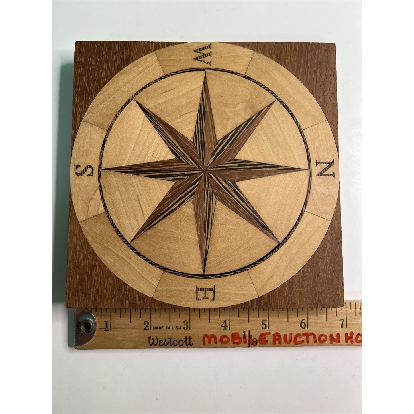 7” Square Wooden Nautical Compass Star Inlay Medallion Veneer