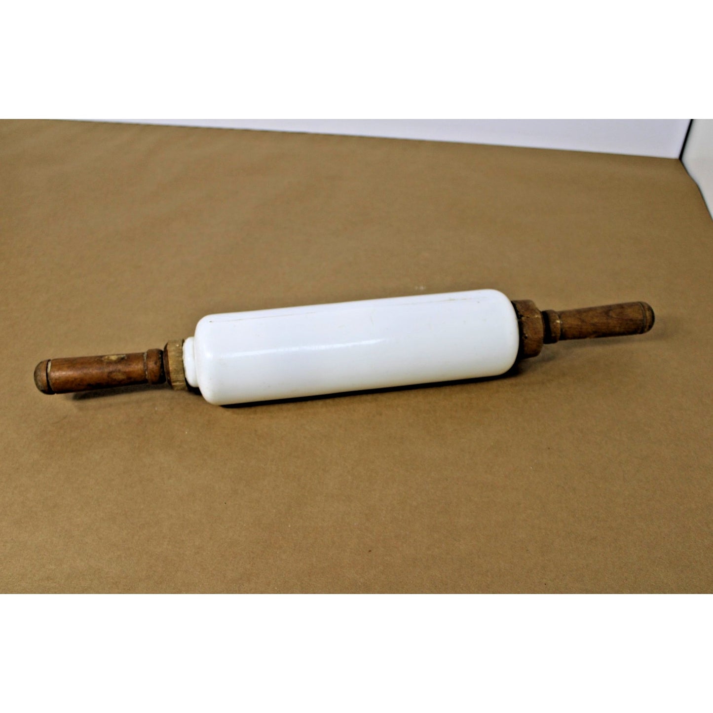 Antique Imperial Mfg White Glass 19" Rolling Pin Wooden Handle Farmhouse Cottage