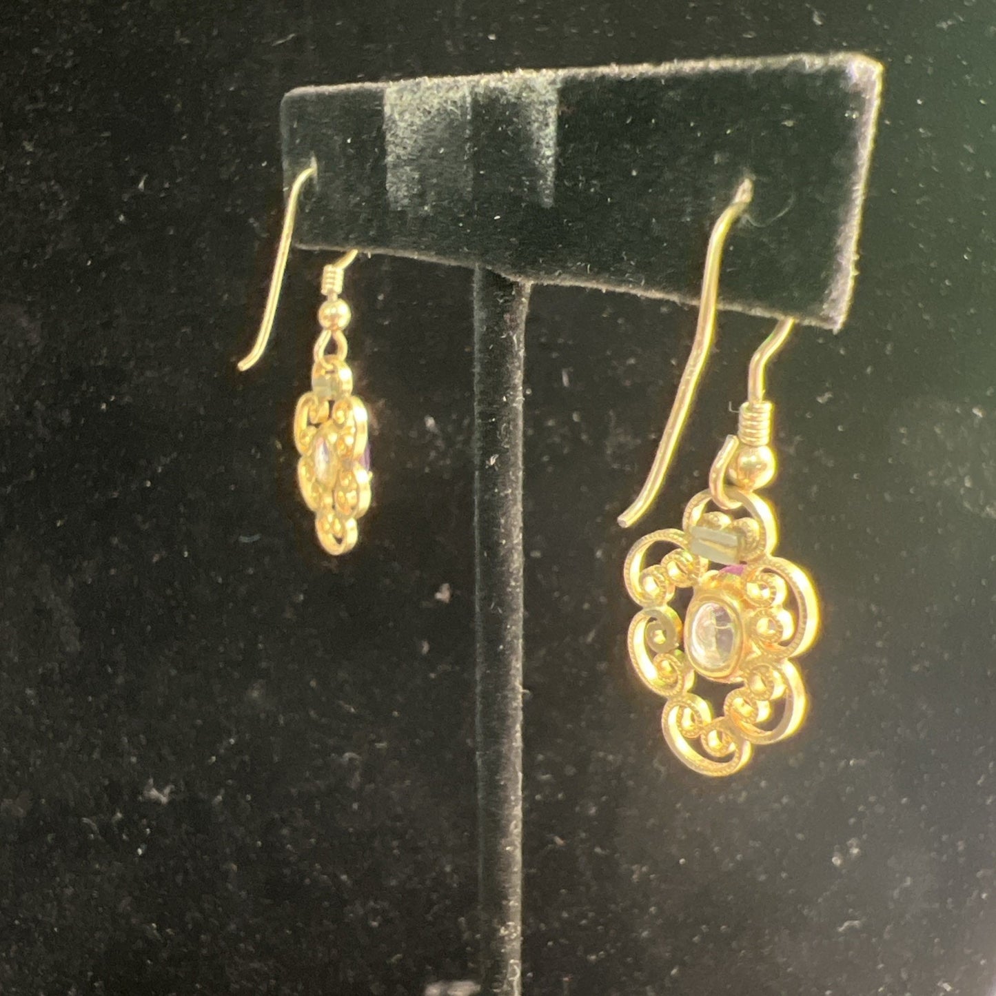 Vintage Artisan Gold Tone Purple Stone Hook Dangle Earrings French Wire