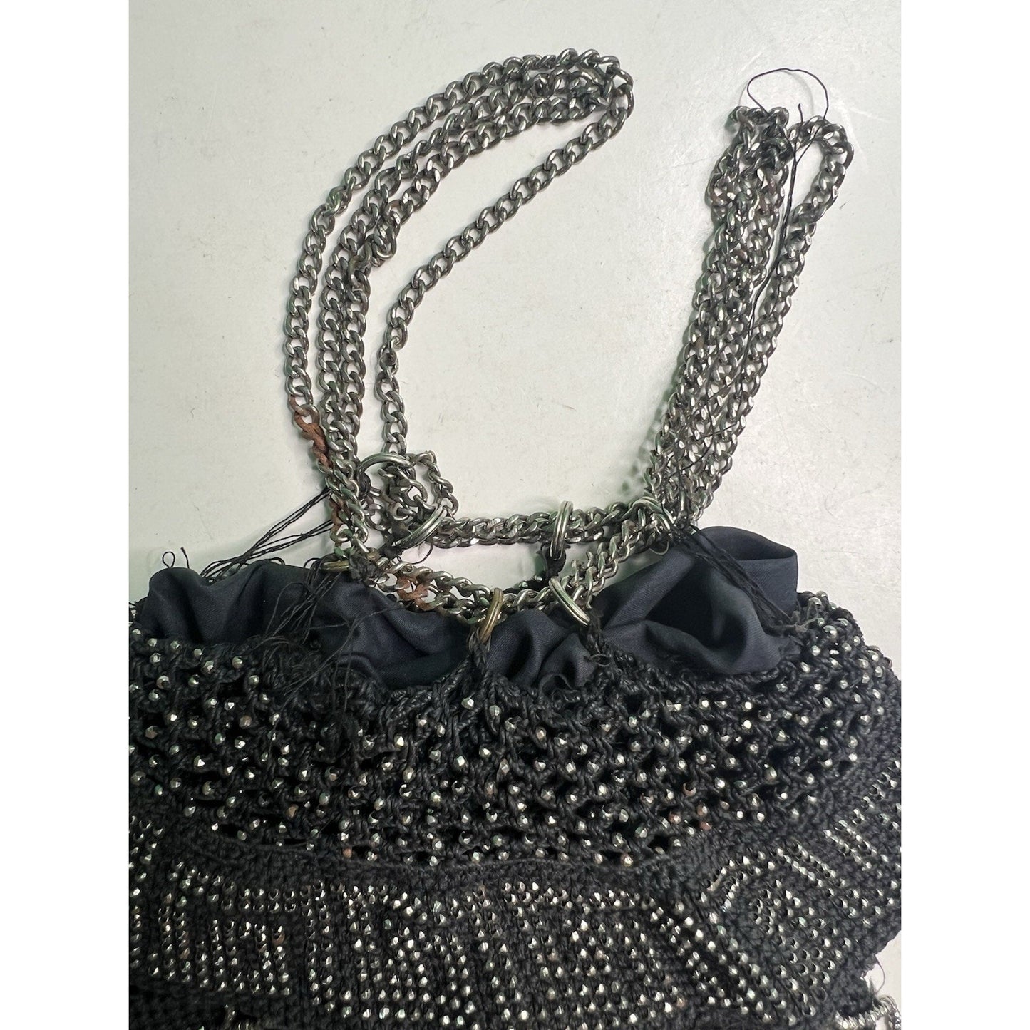 Antique Black & Silver Steel Bead Fringe Flapper Purse Greek Key NEEDS REPAIR
