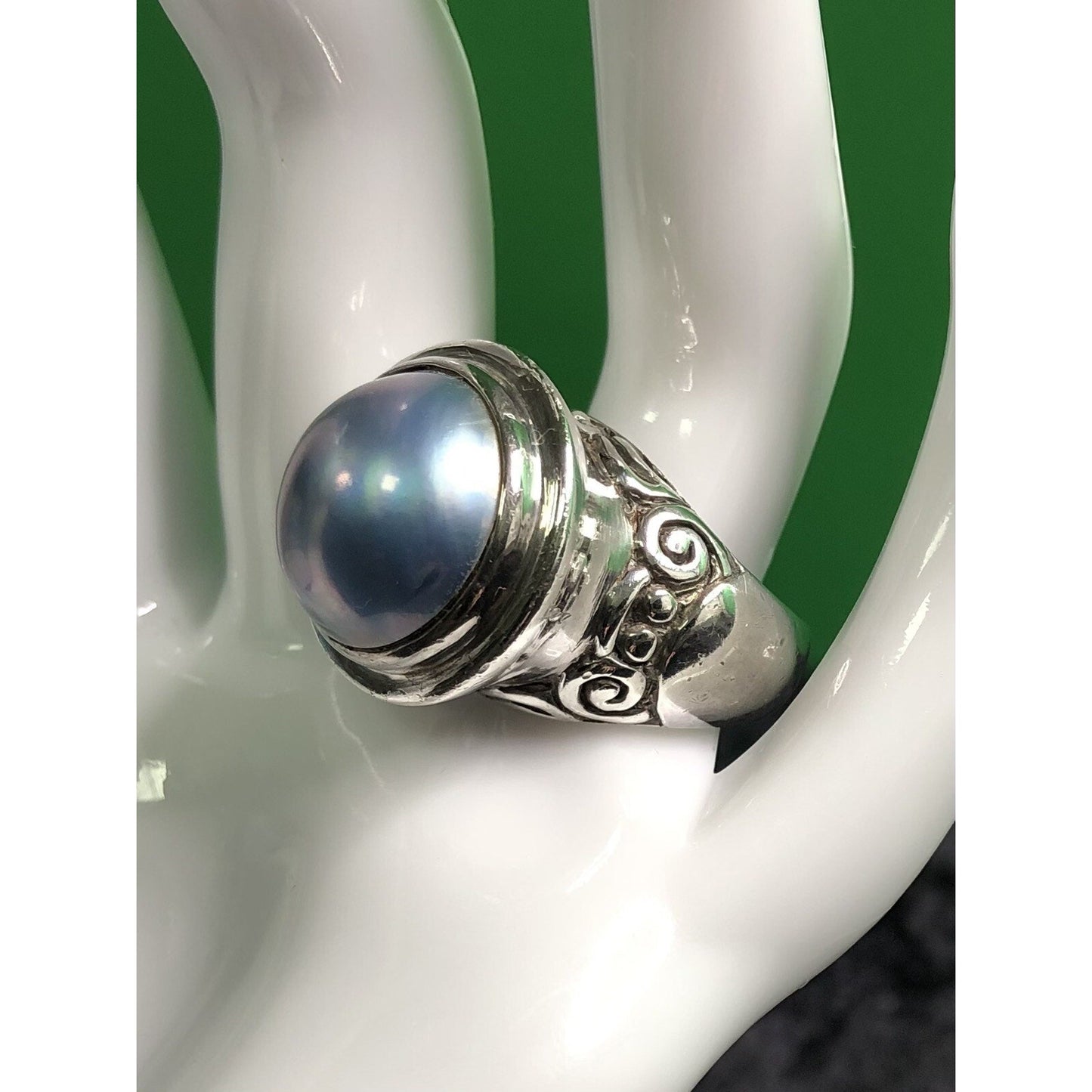 Vintage Blue Mabe Pearl Sterling Silver Cabochon Statement Ring Ornate Shank