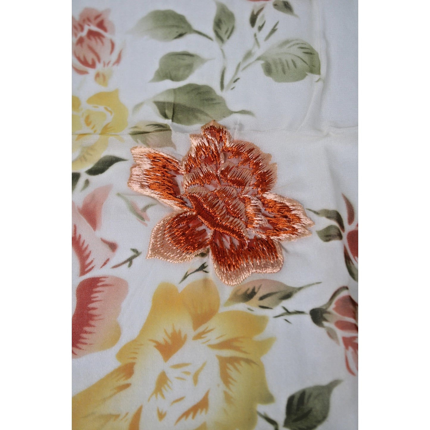 Vintage Japan Oblong Hand Painted Ombre Embroidered Rayon Organza Floral Scarf