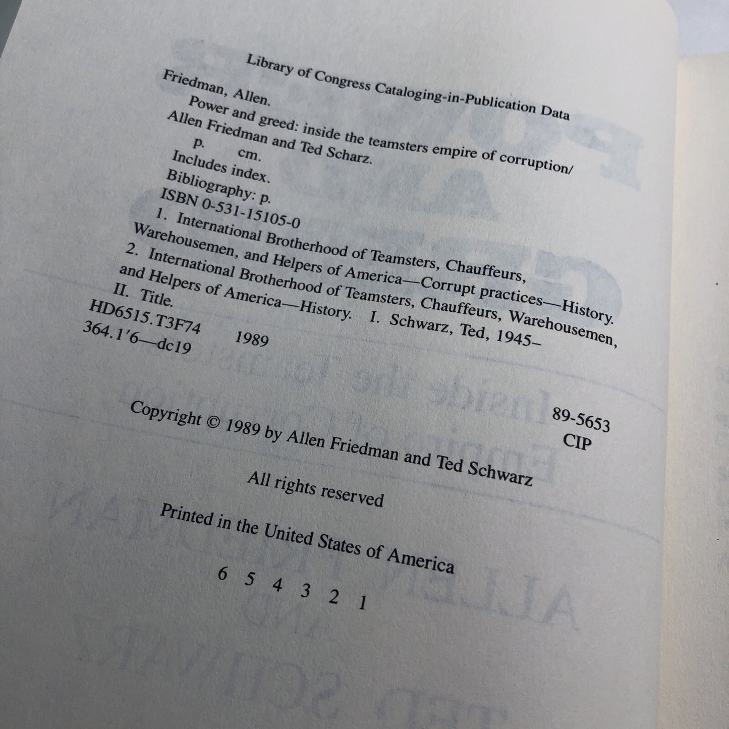 FRIEDMAN & SCHWARTZ Power and Greed Inside Teamsters Empire of Corruption 1989