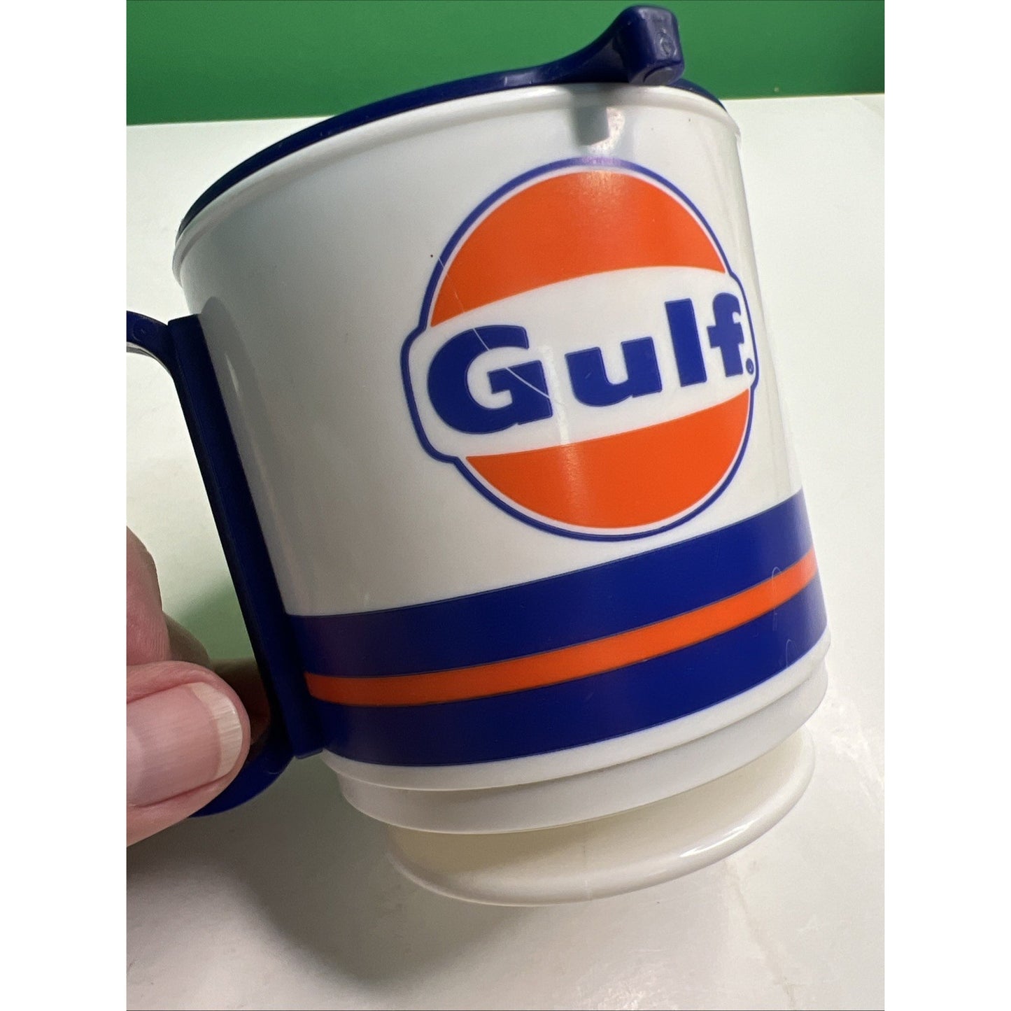 Vintage 1980s Gulf Oil Advertising Travel Mug Small Plastic Cup With Lid