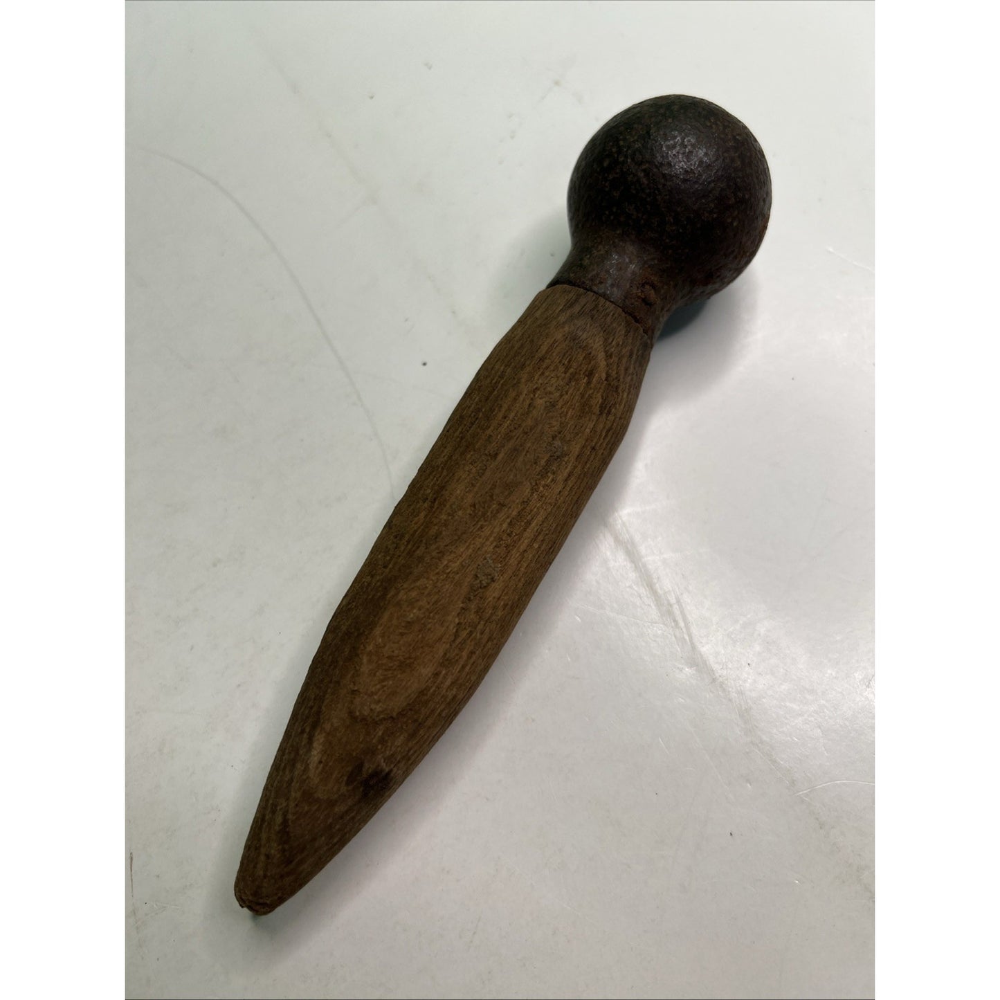 Antique Tool Dibble Pestle Muddler Wood Base Metal Ball Handle