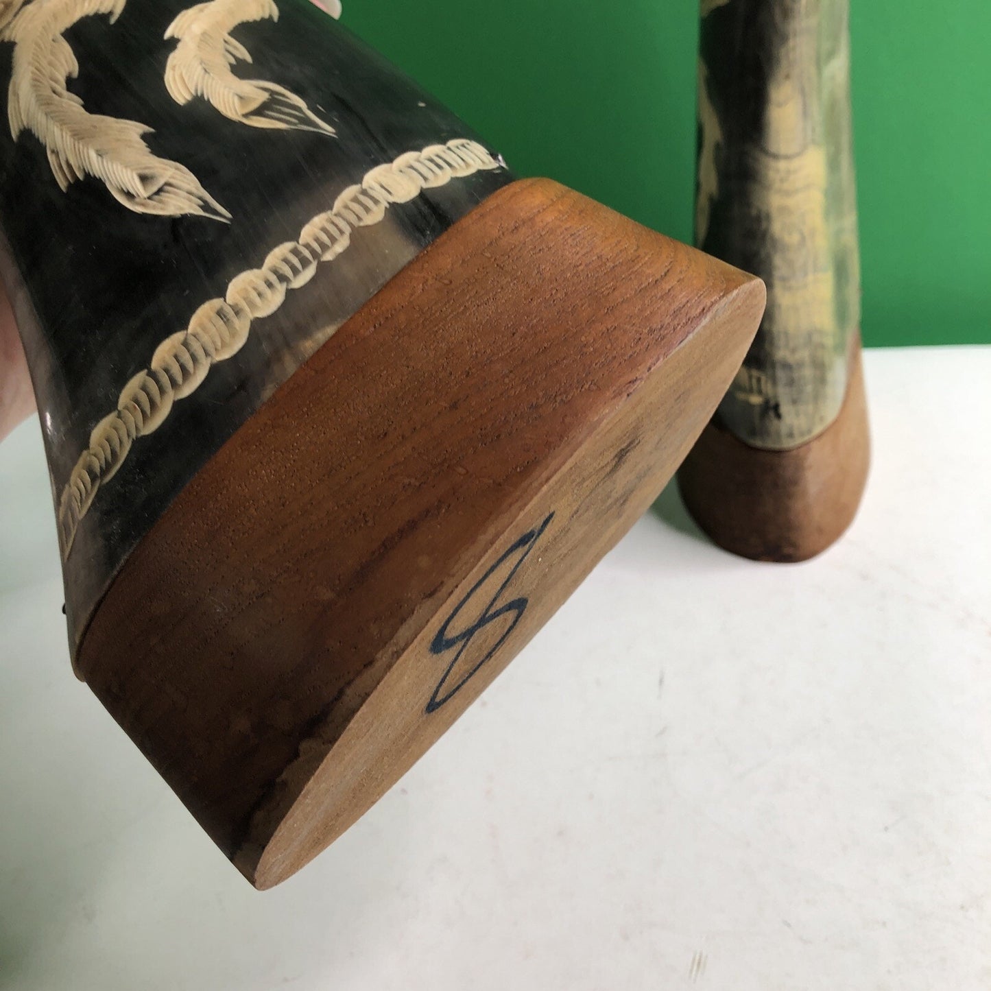PAIR OF Large WATER BUFFALO HORNS CARVED WITH DRAGON & PHOENIX FENG SHUI