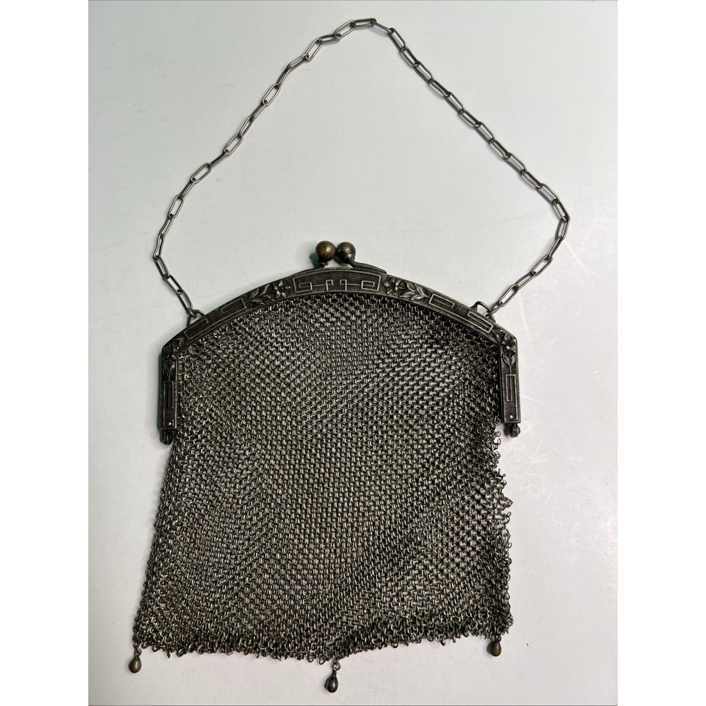 Rare Antique German Silver Chain Mesh Purse Handbag Kiss Closure Marked