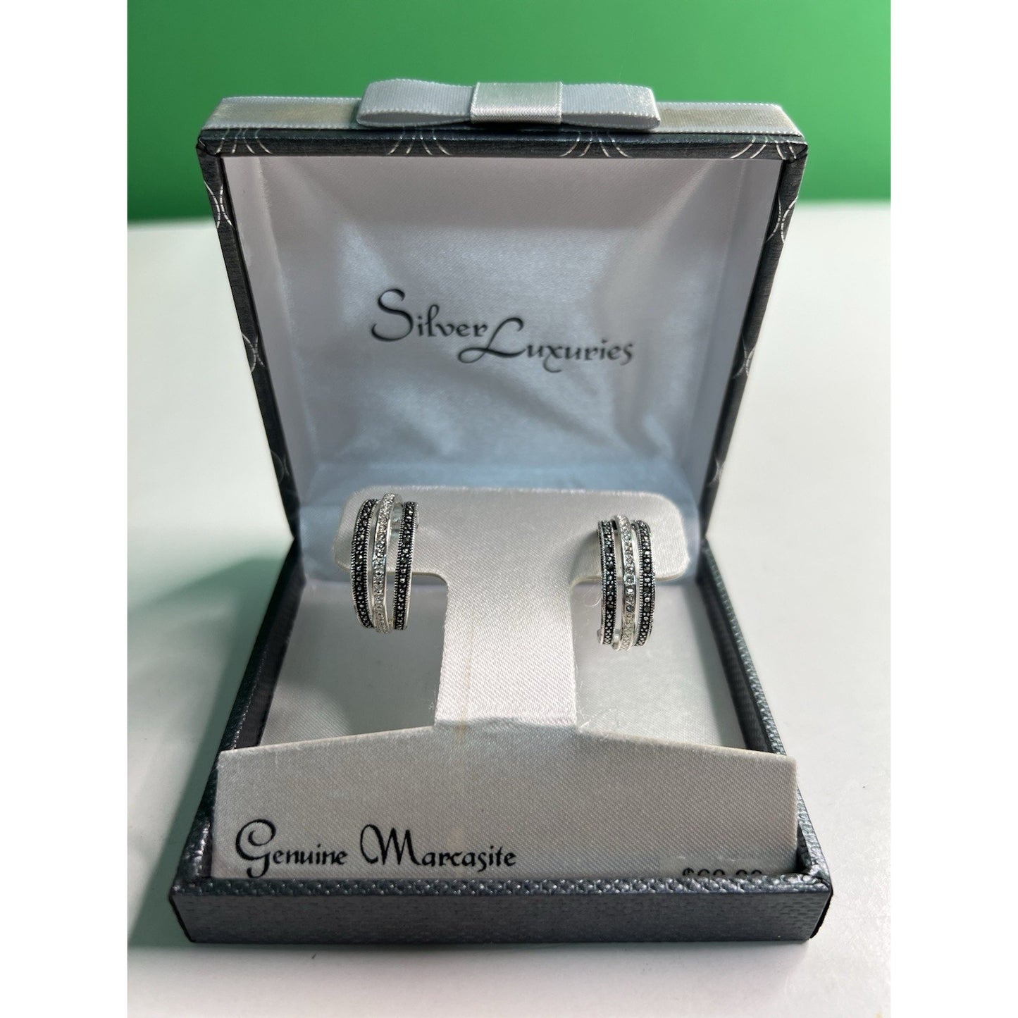 Silver Luxuries Silver Plated Hoop Earrings Genuine Marcasite New In Box
