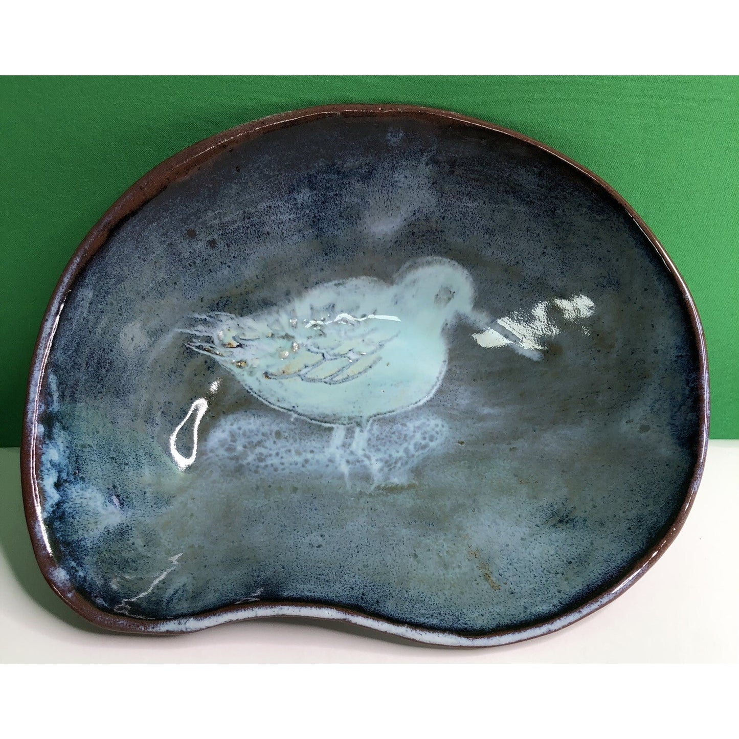 Vintage MCM Freeform DISH Bowl Studio Art Pottery w/ BIRD Blue Glaze Signed M V