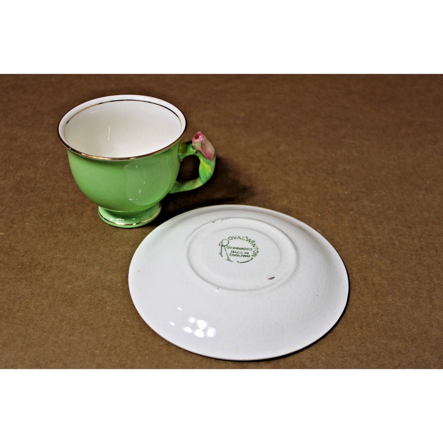 Royal Winton Grimwades Rosebud Green Teacup Rosebud Floral Handle Cup & Saucer