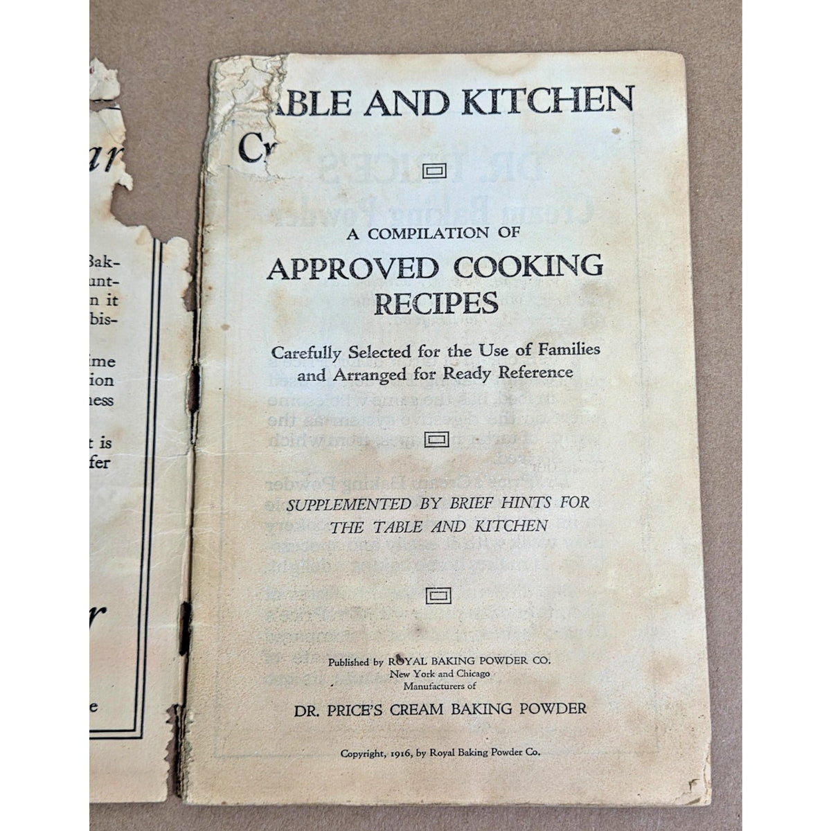 Rare 1916 Dr. Price's Cream Baking Powder Antique Recipe Book - Table & Kitchen