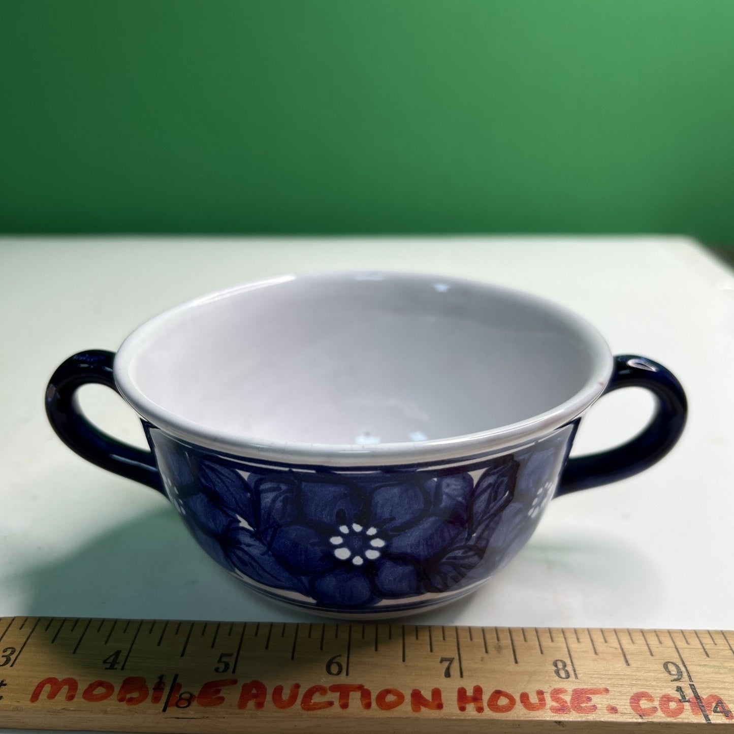 Vintage Stoneware Double Handle Blue & White Floral Hand Painted SOUP BOWL