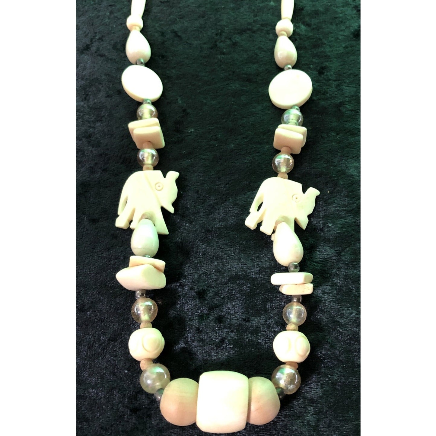 Vintage Lucky Elephant Carved Bead Necklace 22”