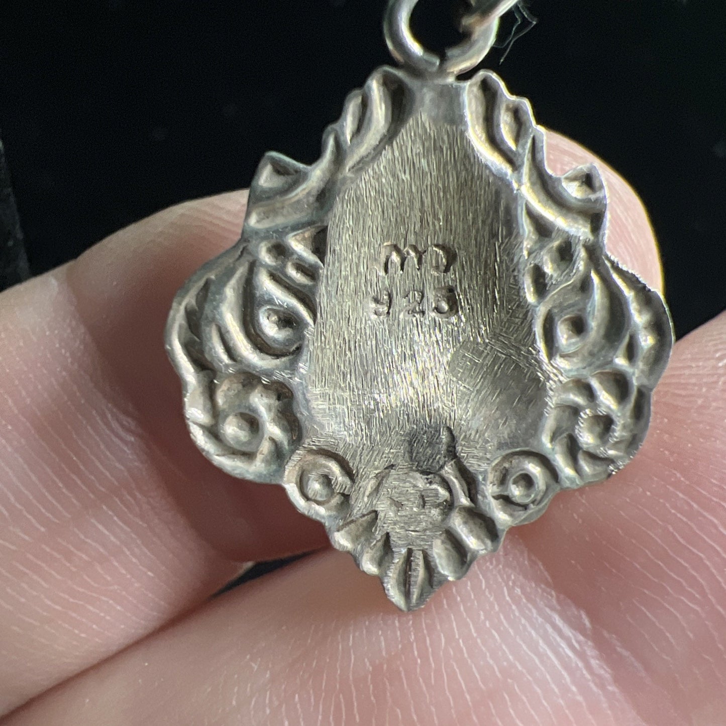 Vintage Ornate Sterling Silver Shield Medallion Earrings Dangle Drop French Wire