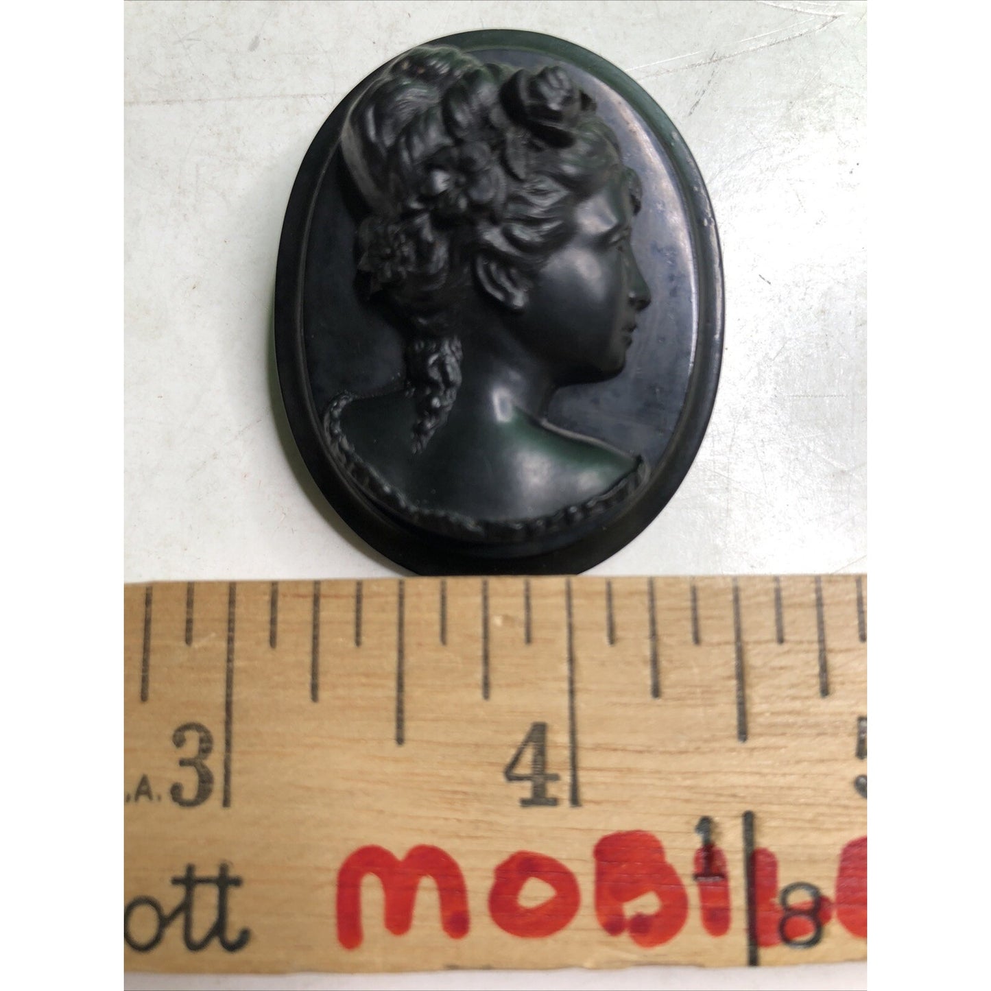 Antique Victorian Gutta Percha Mourning Brooch Pin Intricate Elegant Female