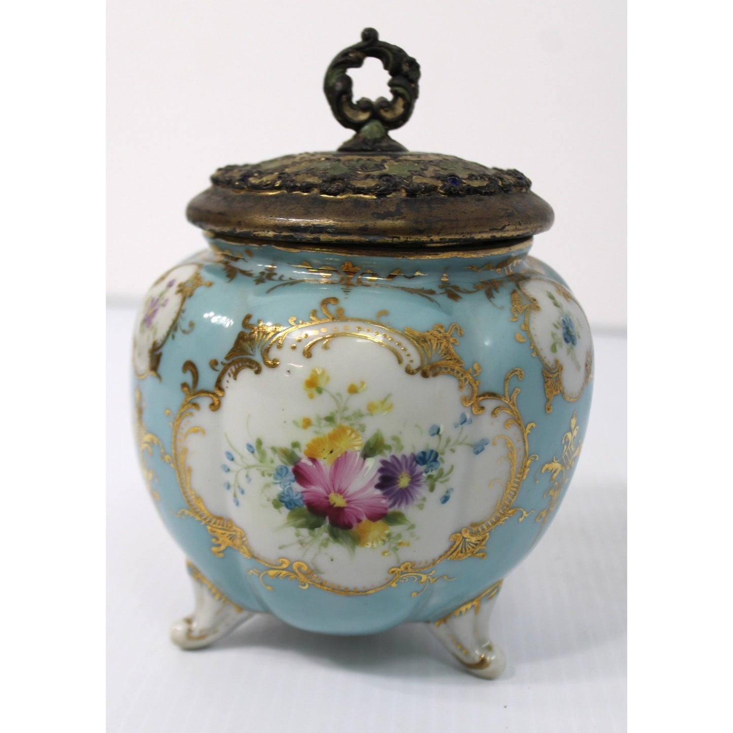 19th Century Antique Gilt Porcelain Tri-footed Biscuit Jar with Ormalu Lid