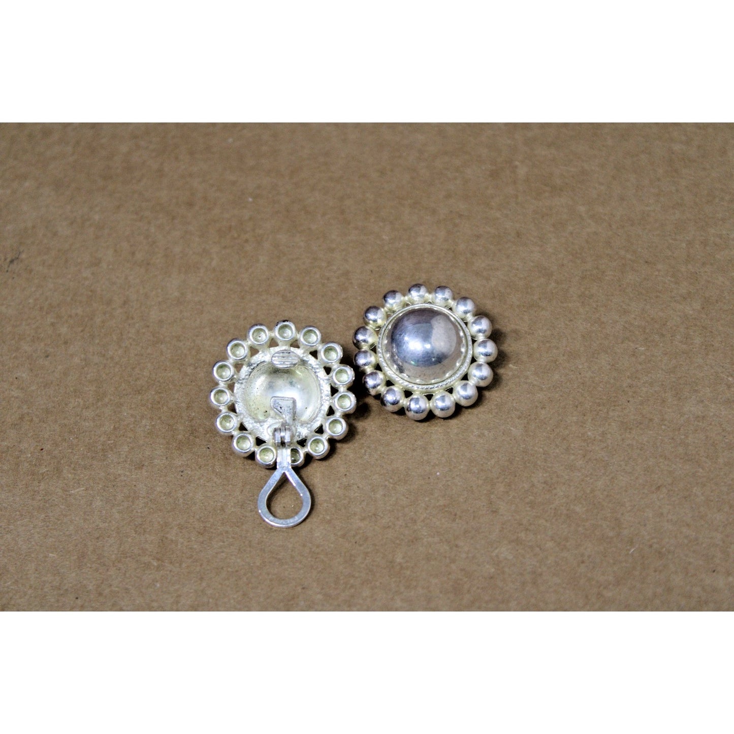 Vintage Clip-on Silvertone Polished Button Earrings with Beaded Edges, 1.25" W