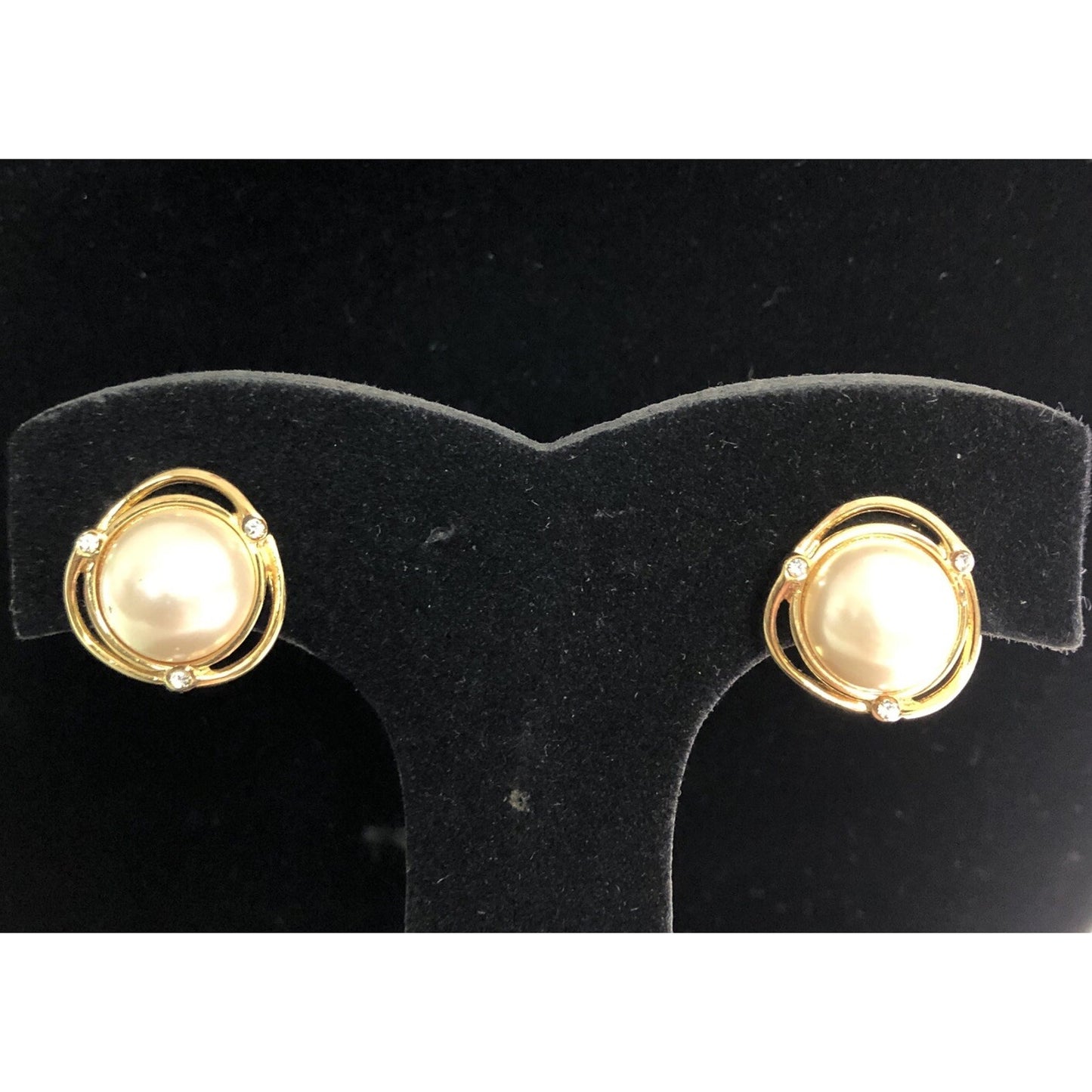 Vintage Fashion Clip On Earrings Faux Pearl Goldtone Rhinestones
