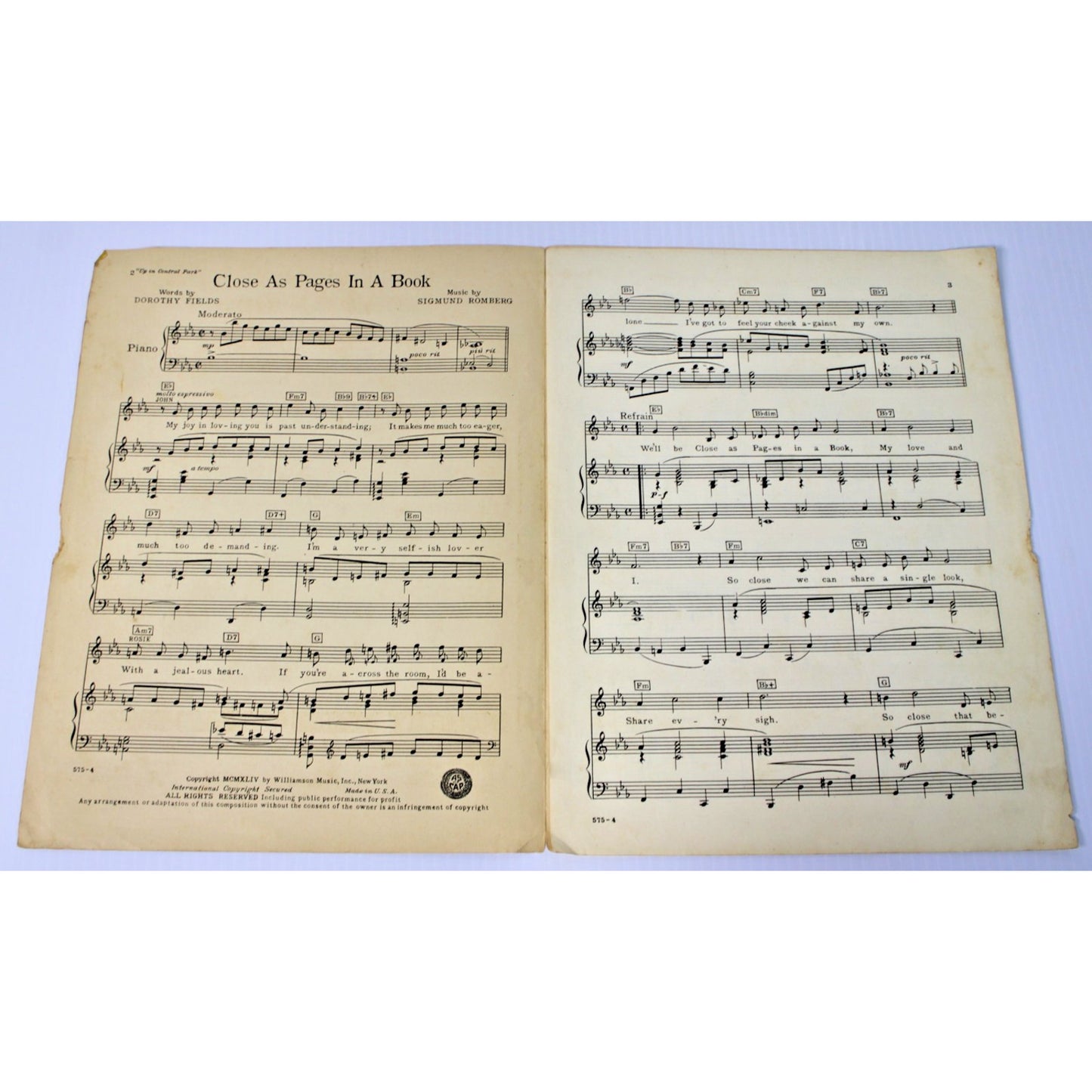 1944 Vintage Sheet Music: Close as Pages in a Book- Up In Central Park