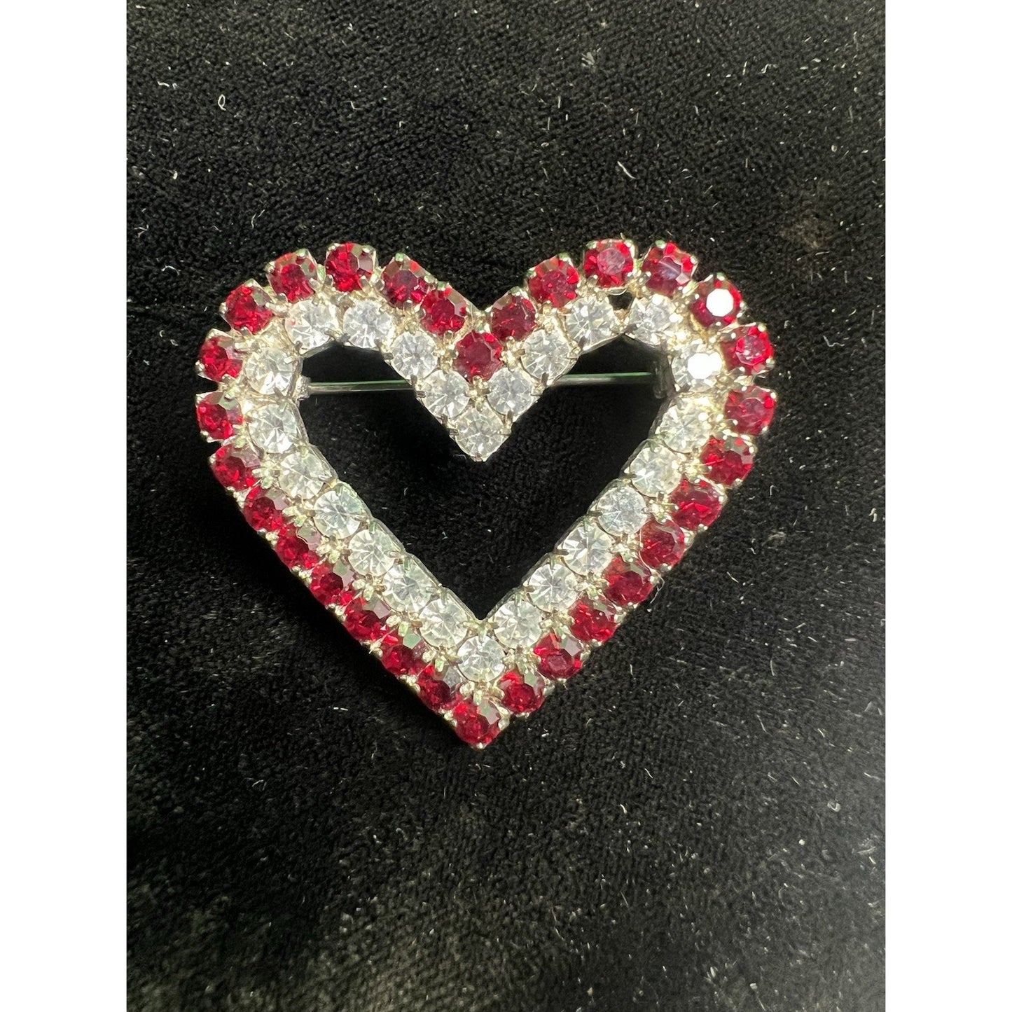 Vintage Heart Lapel Scarf Brooch Pin Rhinestones Costume Jewelry 1.5” Wide