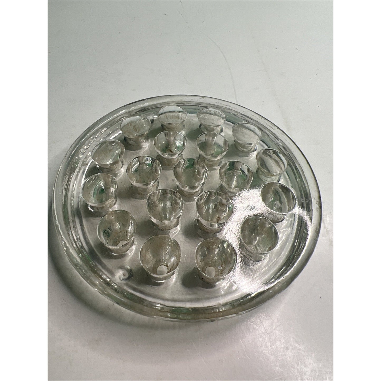 Vtg Clear Glass Flower Frog 19 Hole 5 In Heavy Round Floral Arranger